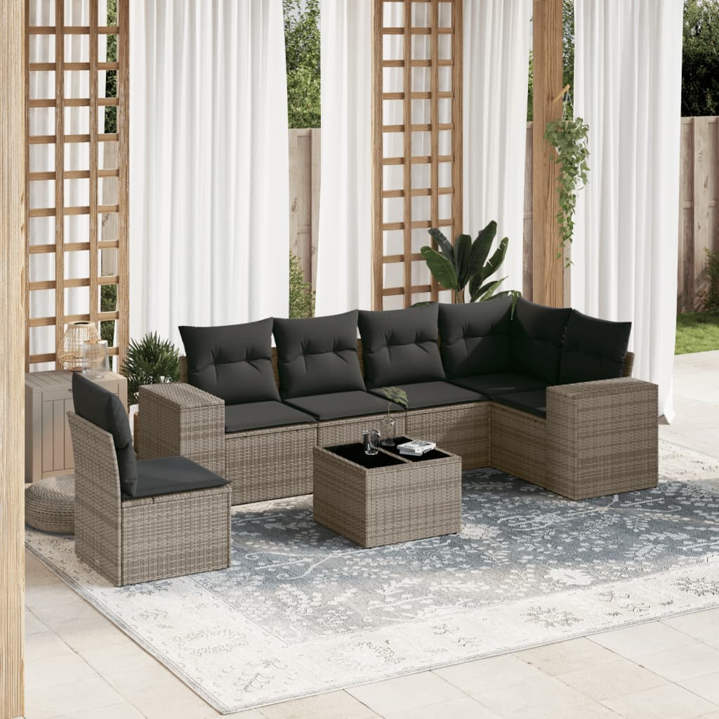 7 Pcs conjunto sofás p/ jardim c/ almofadões vime PE cinzento