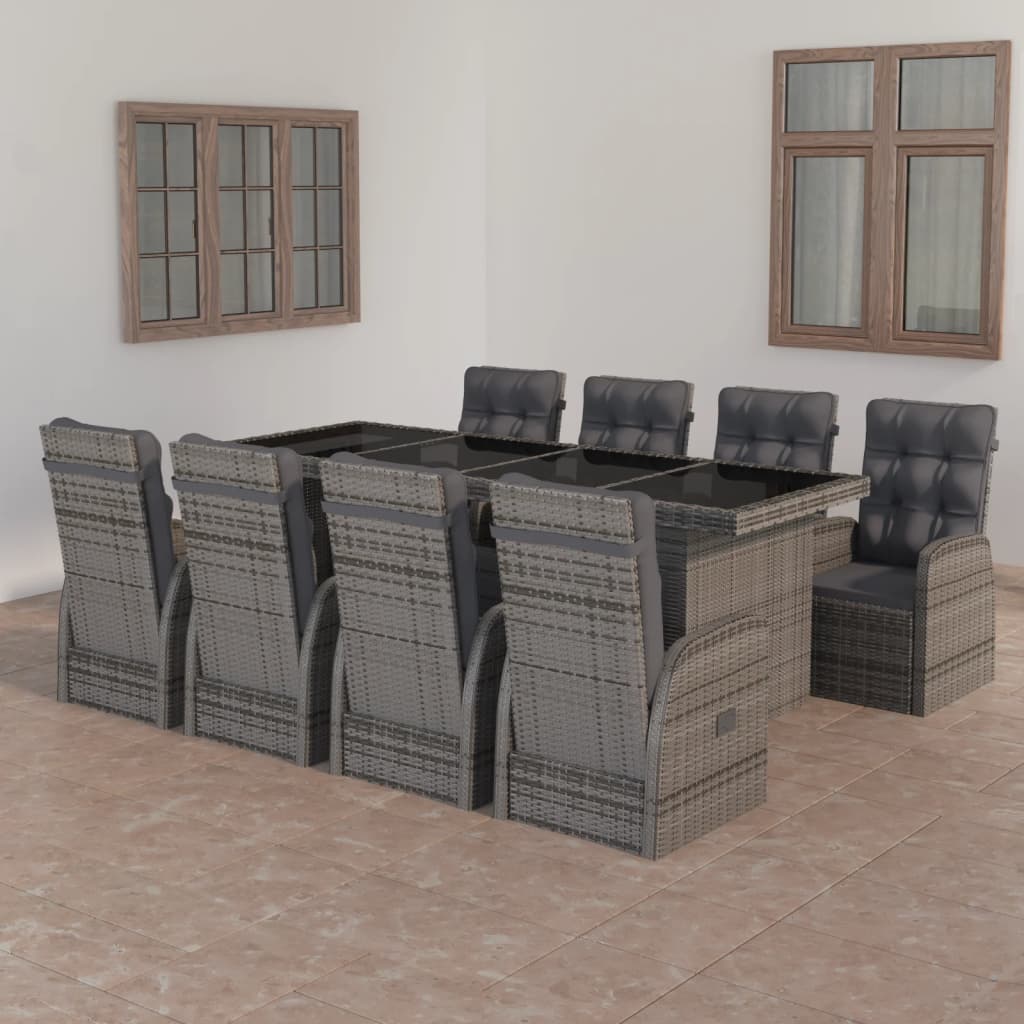 9 Pcs conjunto jantar exterior c/ almofadões vime PE cinzento