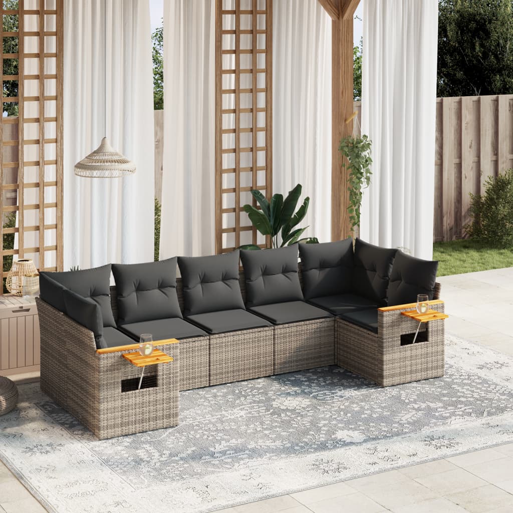 7 Pcs conjunto sofás p/ jardim c/ almofadões vime PE cinzento