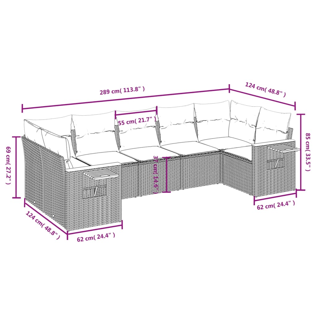 7 Pcs conjunto sofás p/ jardim c/ almofadões vime PE cinzento
