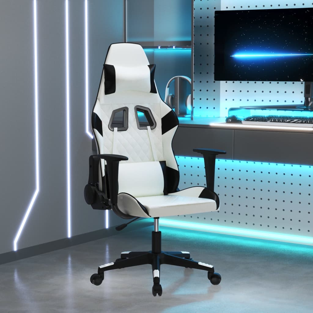 Cadeira gaming massagens couro artificial branco e preto