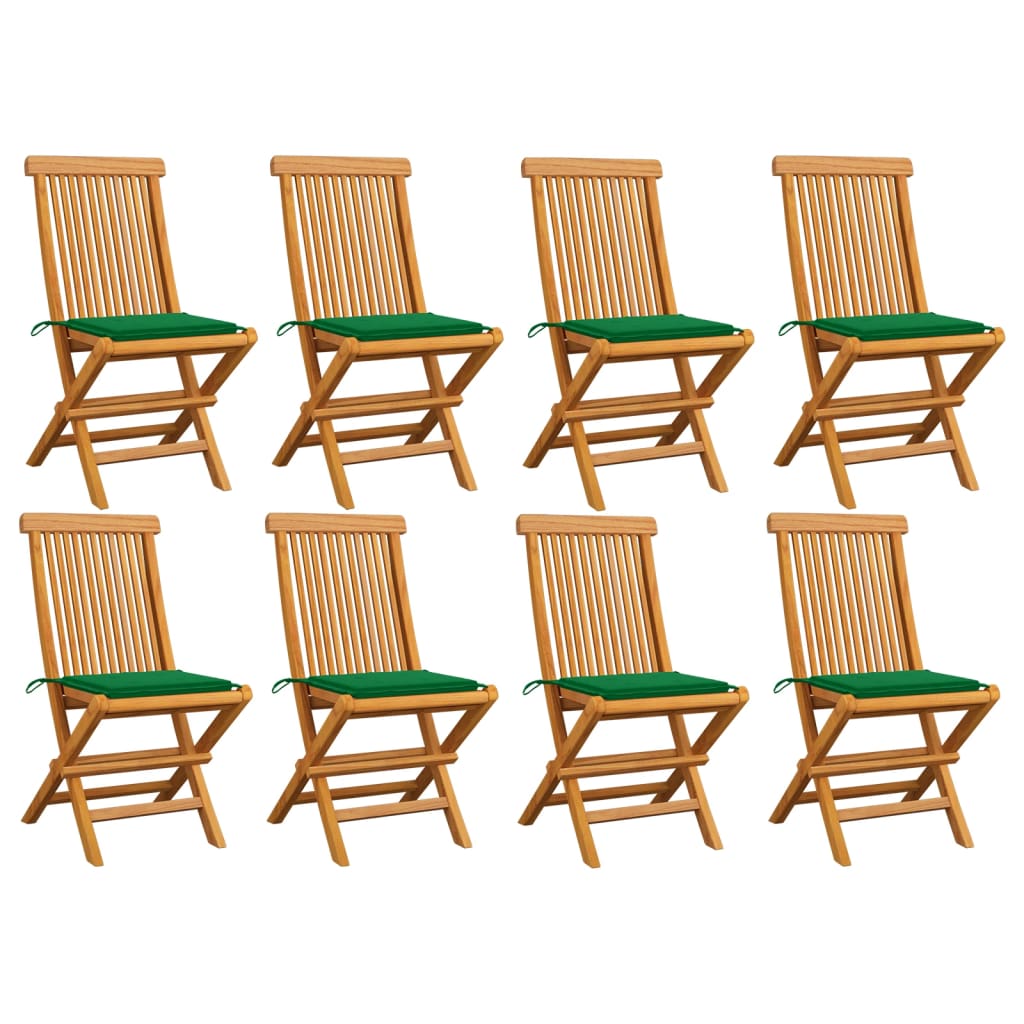 Cadeiras de jardim c/ almofadões verdes 8 pcs teca maciça