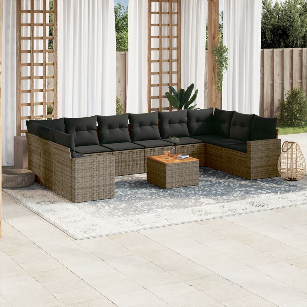 11 Pcs conjunto sofás de jardim c/ almofadões vime PE cinzento
