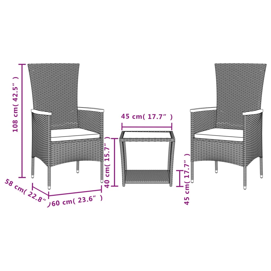 3 Pcs conjunto de jantar p/ jardim c/ almofadões vime PE cinza