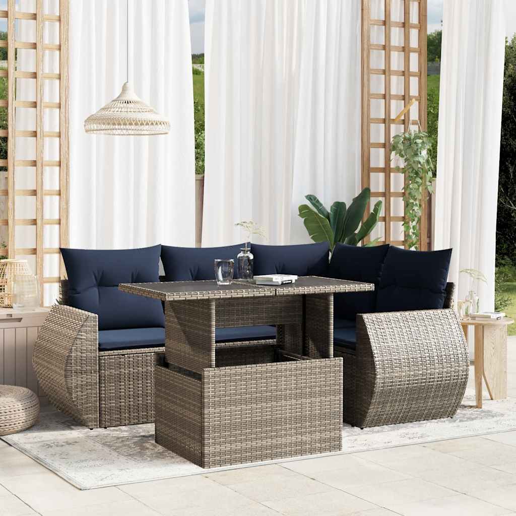 Conjunto de sofá de jardim de 5 peças com almofadas em rattan sintético cinza