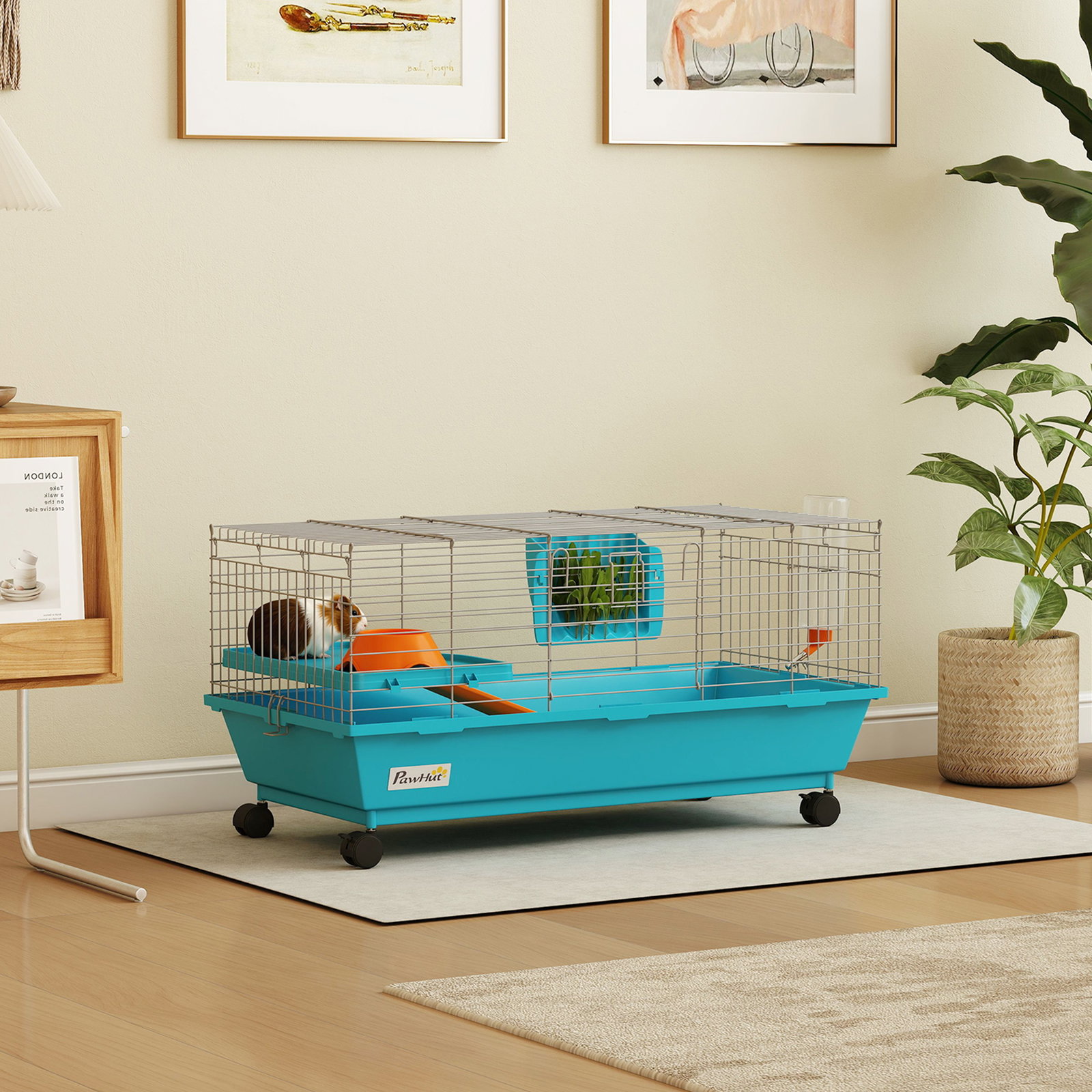 Gaiola para animais pequenos com rodas, garrafa comedouro dispensador de feno para coelhos e porquinhos-da-índia 89x44x43 cm azul