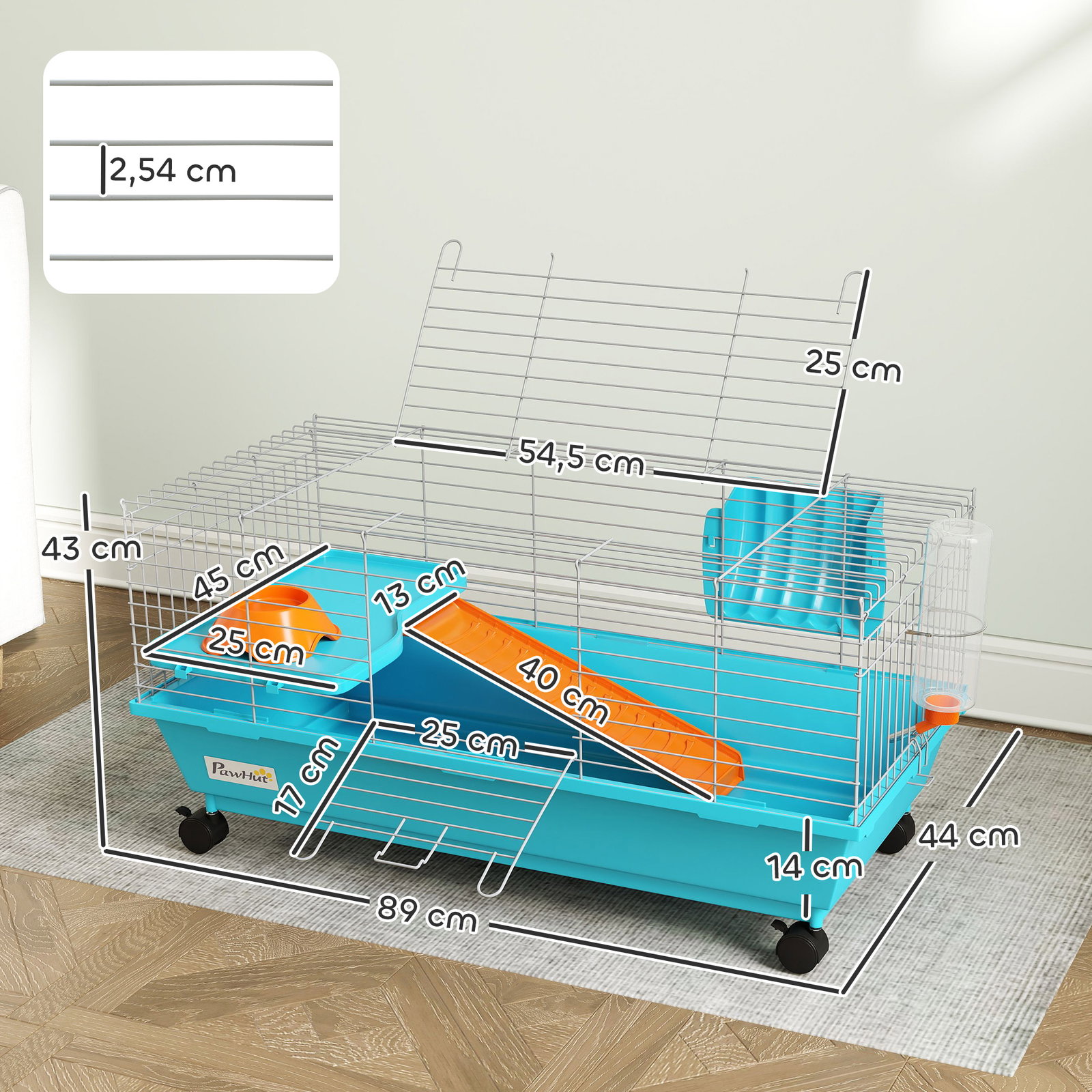 Gaiola para animais pequenos com rodas, garrafa comedouro dispensador de feno para coelhos e porquinhos-da-índia 89x44x43 cm azul