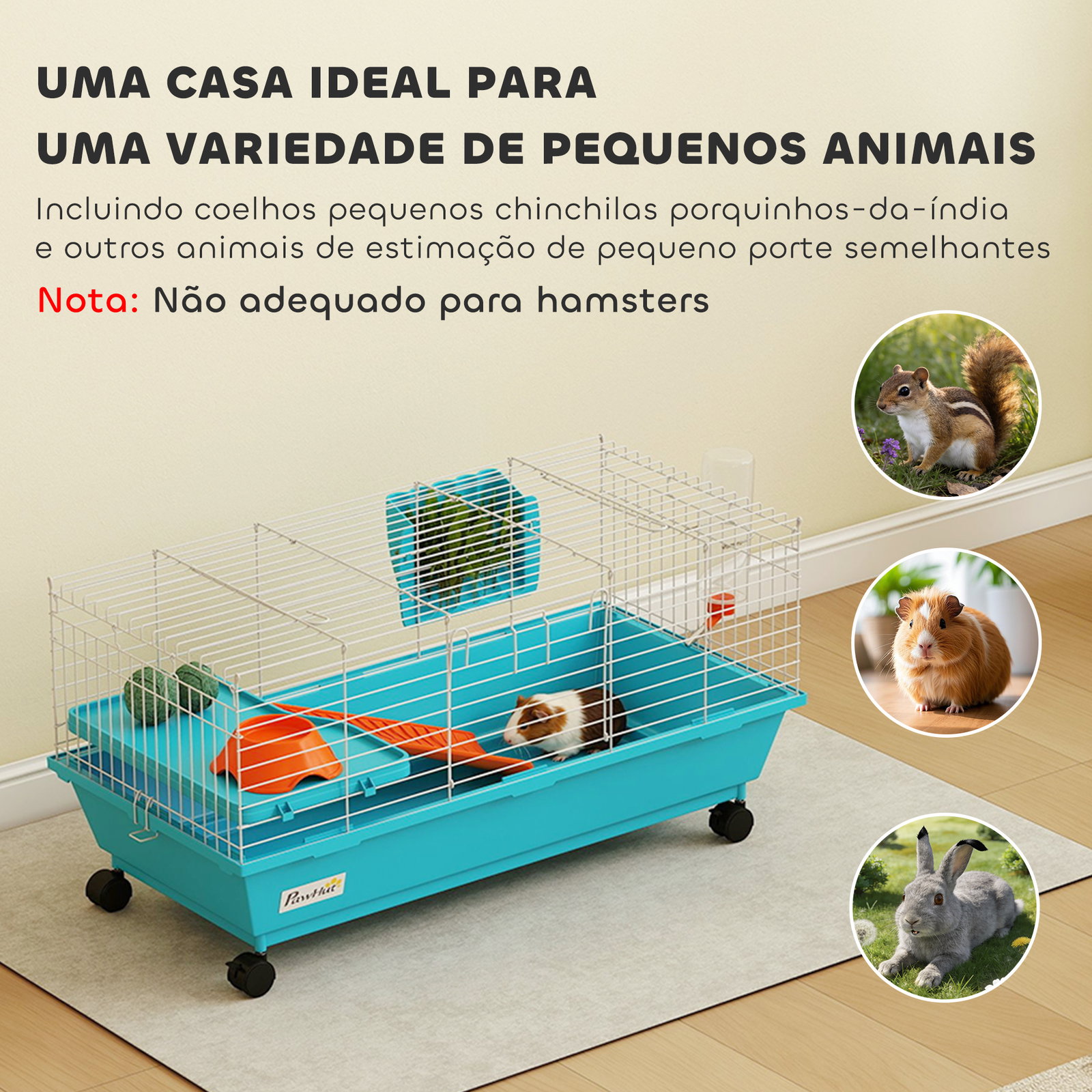 Gaiola para animais pequenos com rodas, garrafa comedouro dispensador de feno para coelhos e porquinhos-da-índia 89x44x43 cm azul