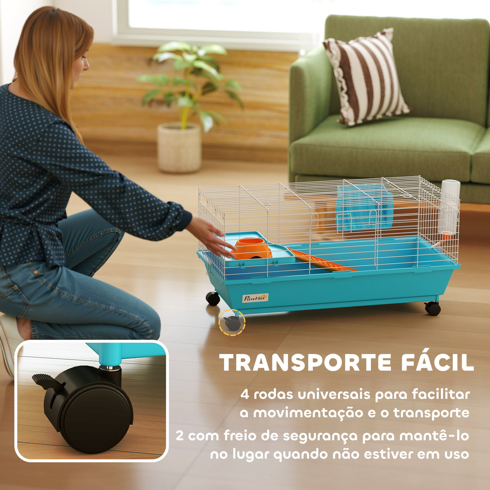 Gaiola para animais pequenos com rodas, garrafa comedouro dispensador de feno para coelhos e porquinhos-da-índia 89x44x43 cm azul