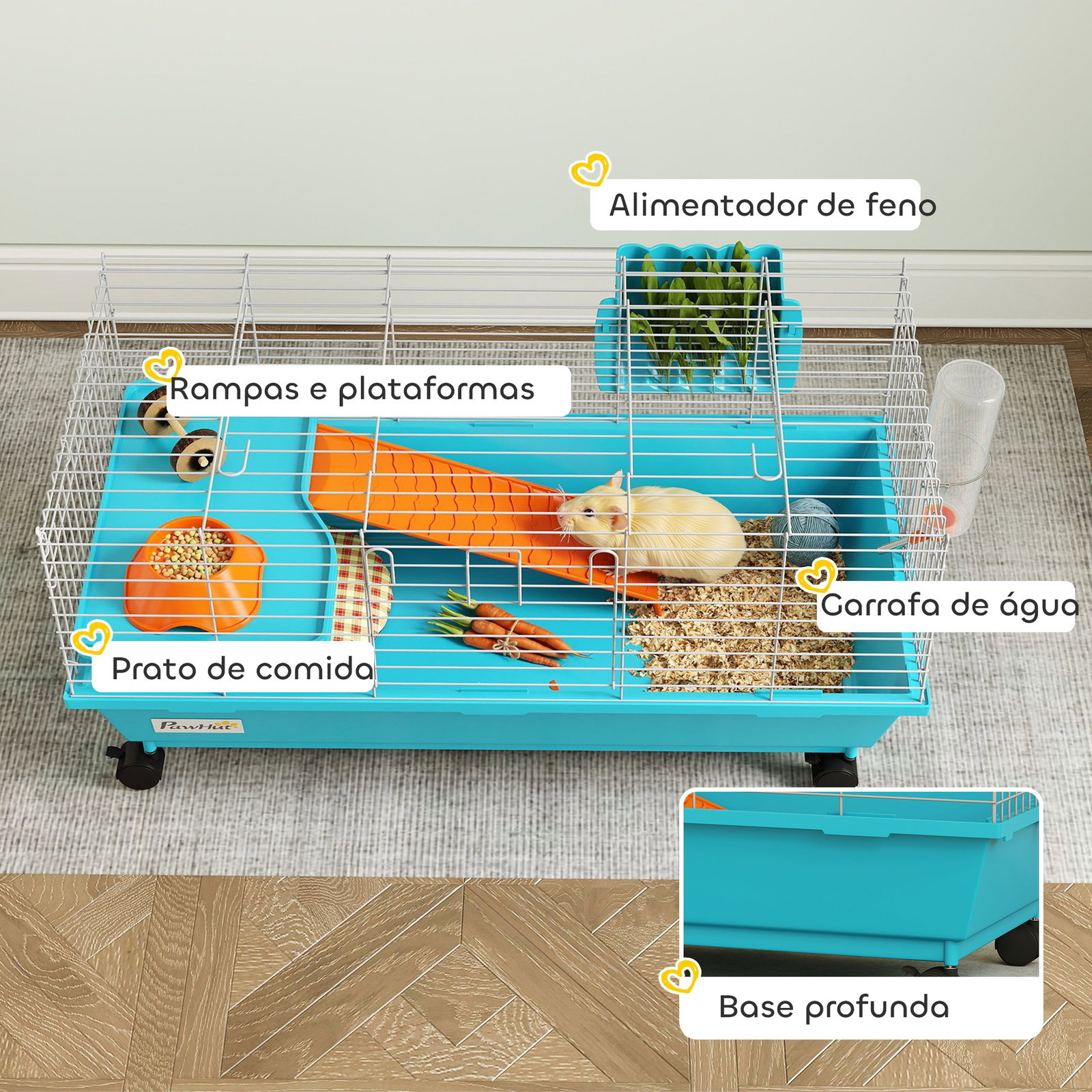 Gaiola para animais pequenos com rodas, garrafa comedouro dispensador de feno para coelhos e porquinhos-da-índia 89x44x43 cm azul