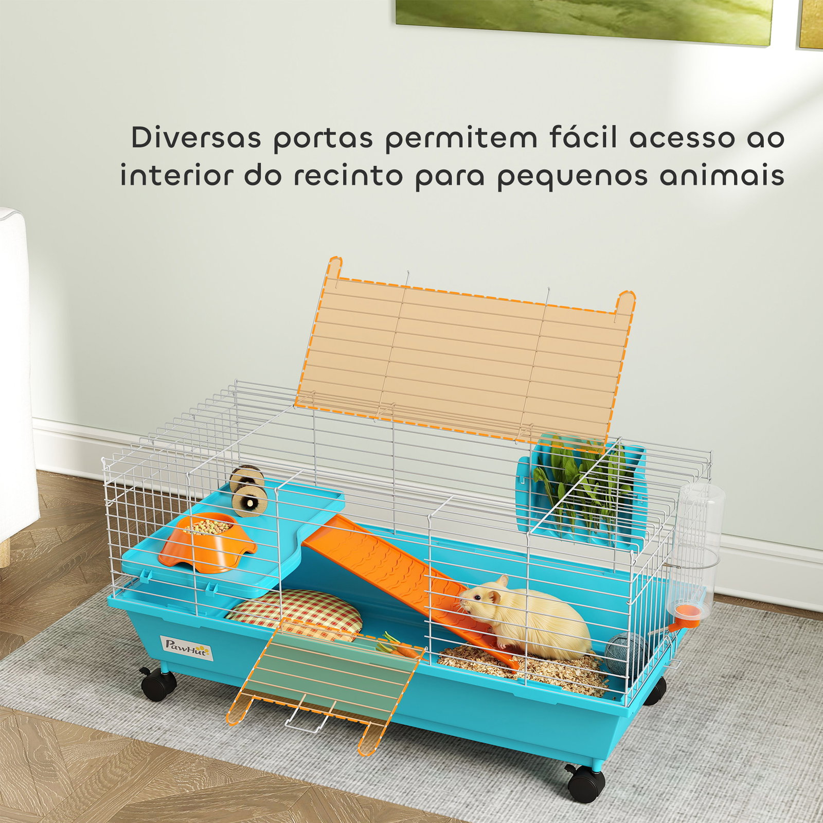 Gaiola para animais pequenos com rodas, garrafa comedouro dispensador de feno para coelhos e porquinhos-da-índia 89x44x43 cm azul