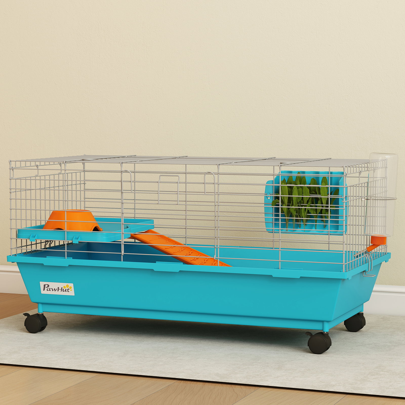 Gaiola para animais pequenos com rodas, garrafa comedouro dispensador de feno para coelhos e porquinhos-da-índia 89x44x43 cm azul