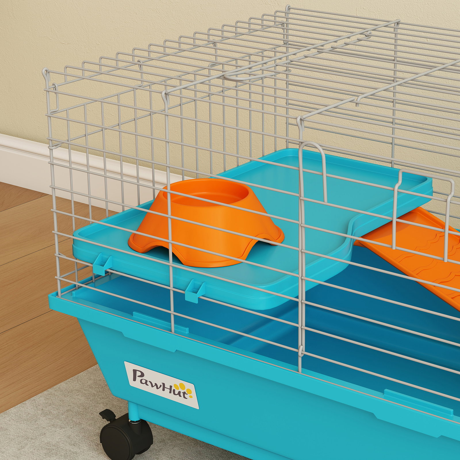 Gaiola para animais pequenos com rodas, garrafa comedouro dispensador de feno para coelhos e porquinhos-da-índia 89x44x43 cm azul
