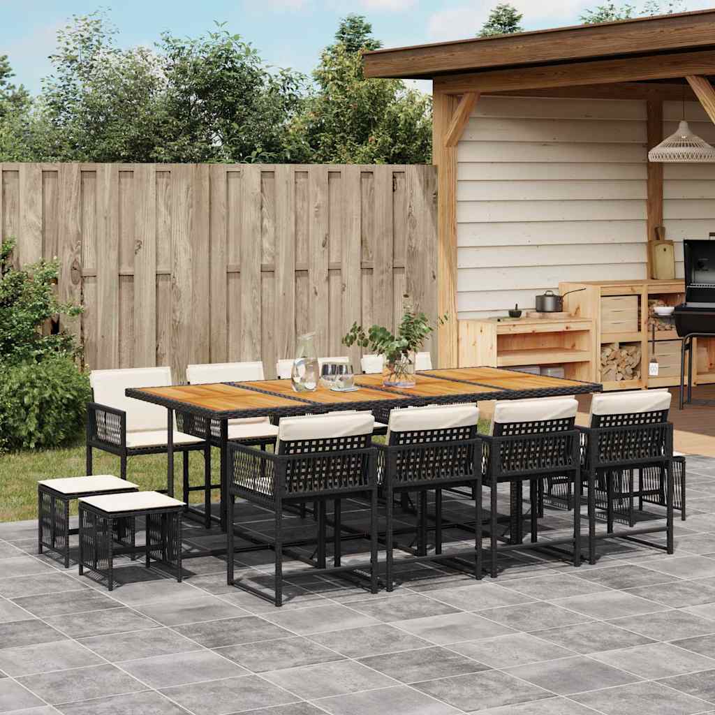 13 Pcs conjunto de jantar p/jardim com almofadões vime PE preto