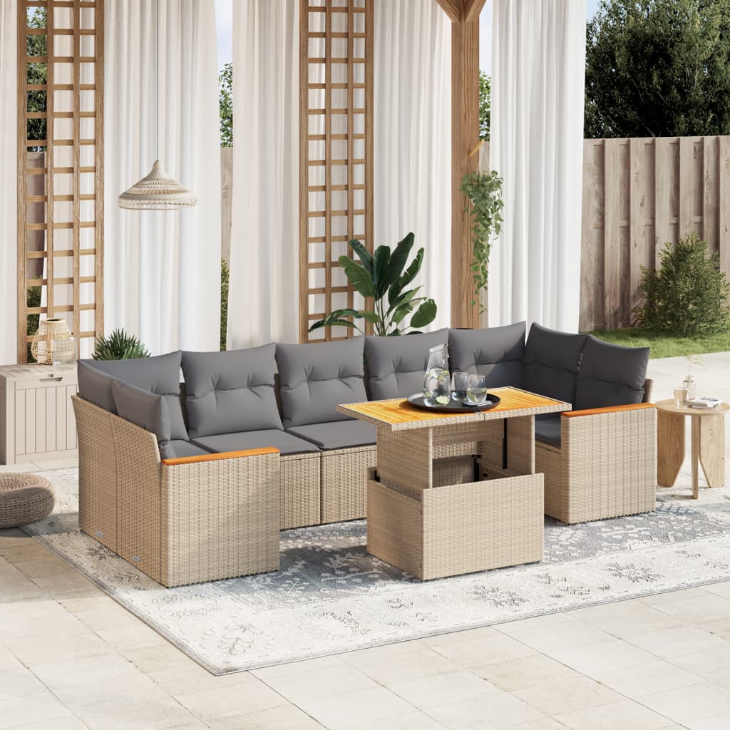 8 Pcs conjunto de sofás p/ jardim com almofadões vime PE bege