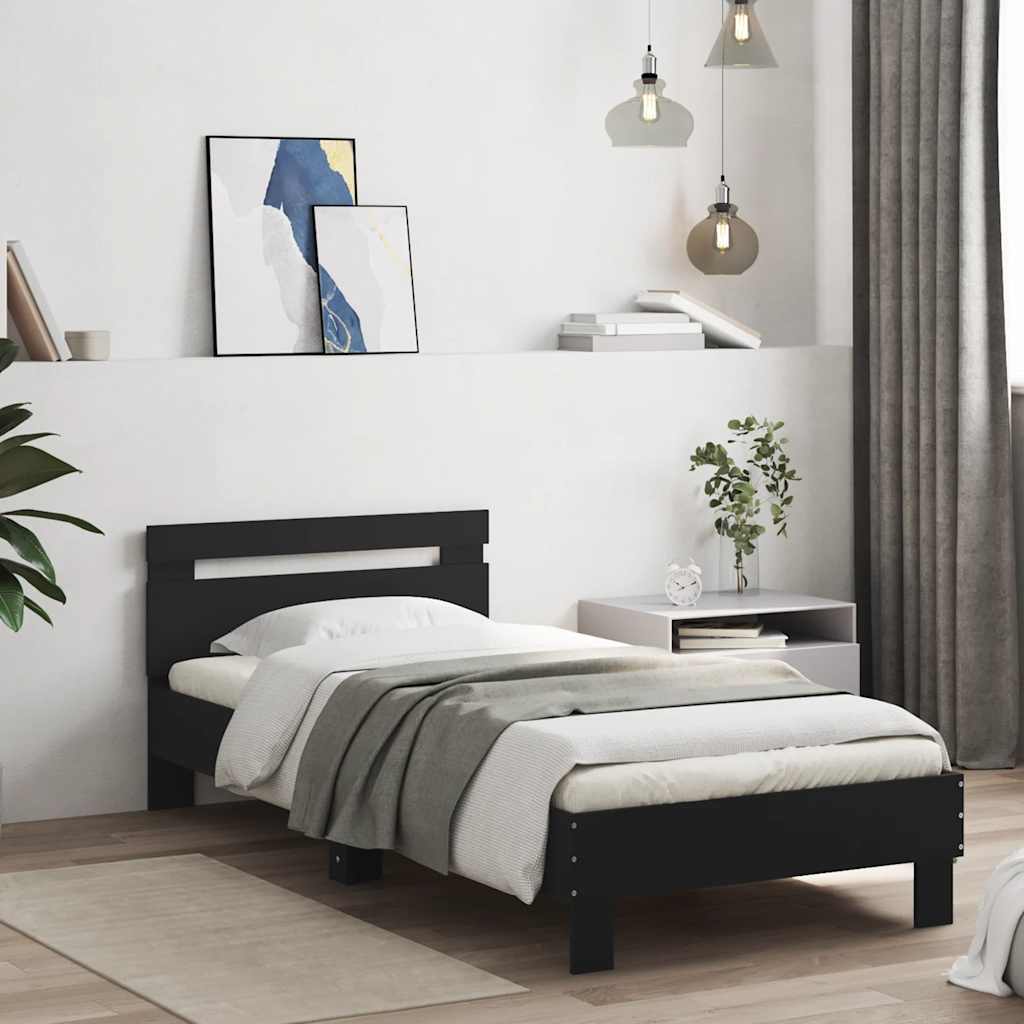 Estrutura de cama com cabeceira e luzes LED 75x190 cm preto