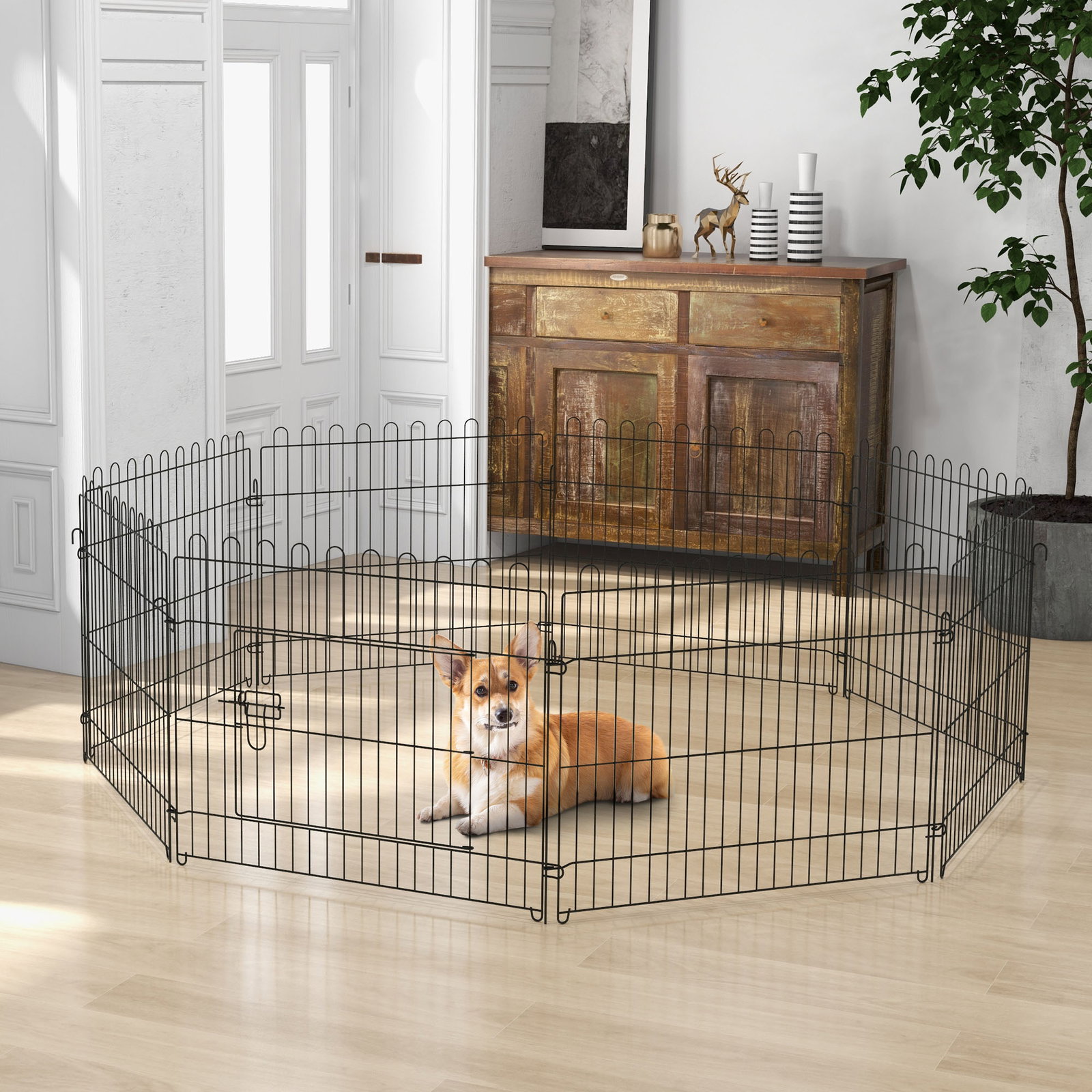 Parque para animais de estimação com 8 paineis 71x61cm dobrável cerca para animais de estimação com porta com trava para jardim pátio exterior preto