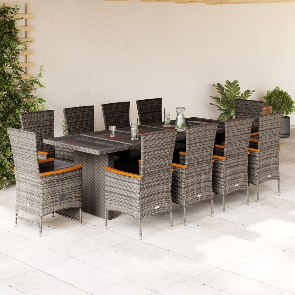 11 Pcs conjunto jantar p/ jardim c/ almofadões vime PE cinzento