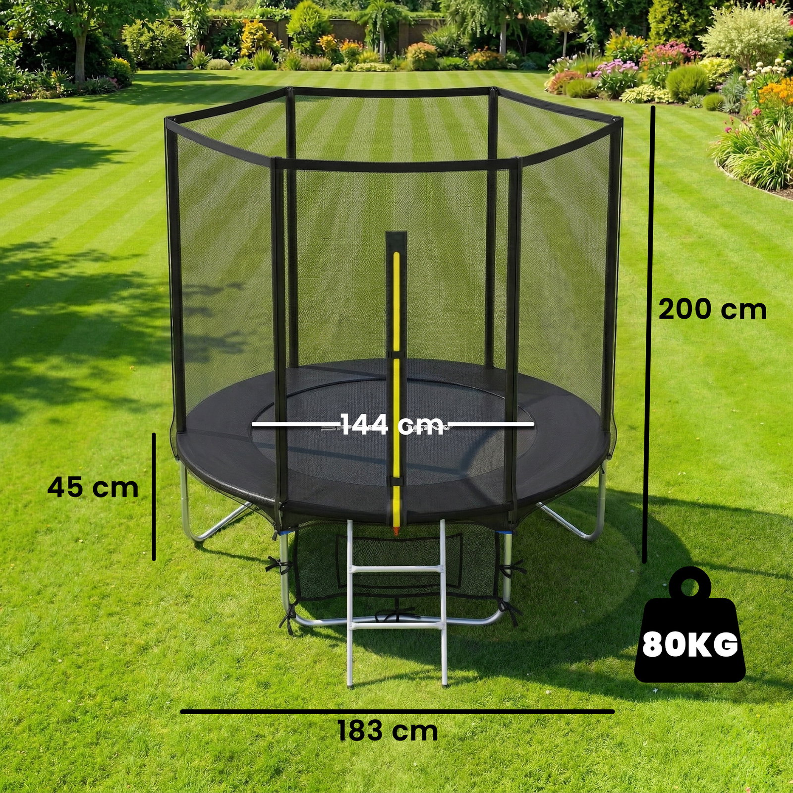 Trampolim para crianças exterior ø183 cm com rede de segurança escada de 2 degraus cobertura de molas saco de armazenamento preto