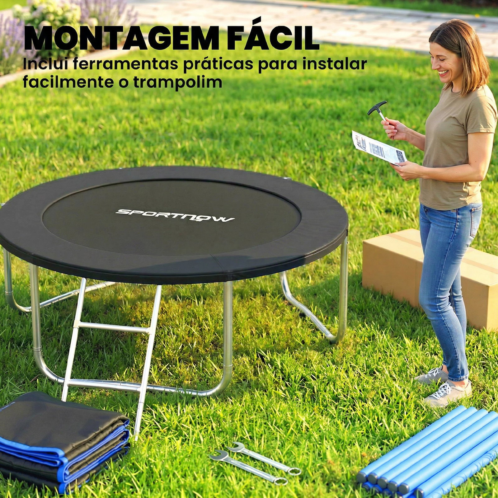 Trampolim para crianças exterior ø183 cm com rede de segurança escada de 2 degraus cobertura de molas saco de armazenamento preto
