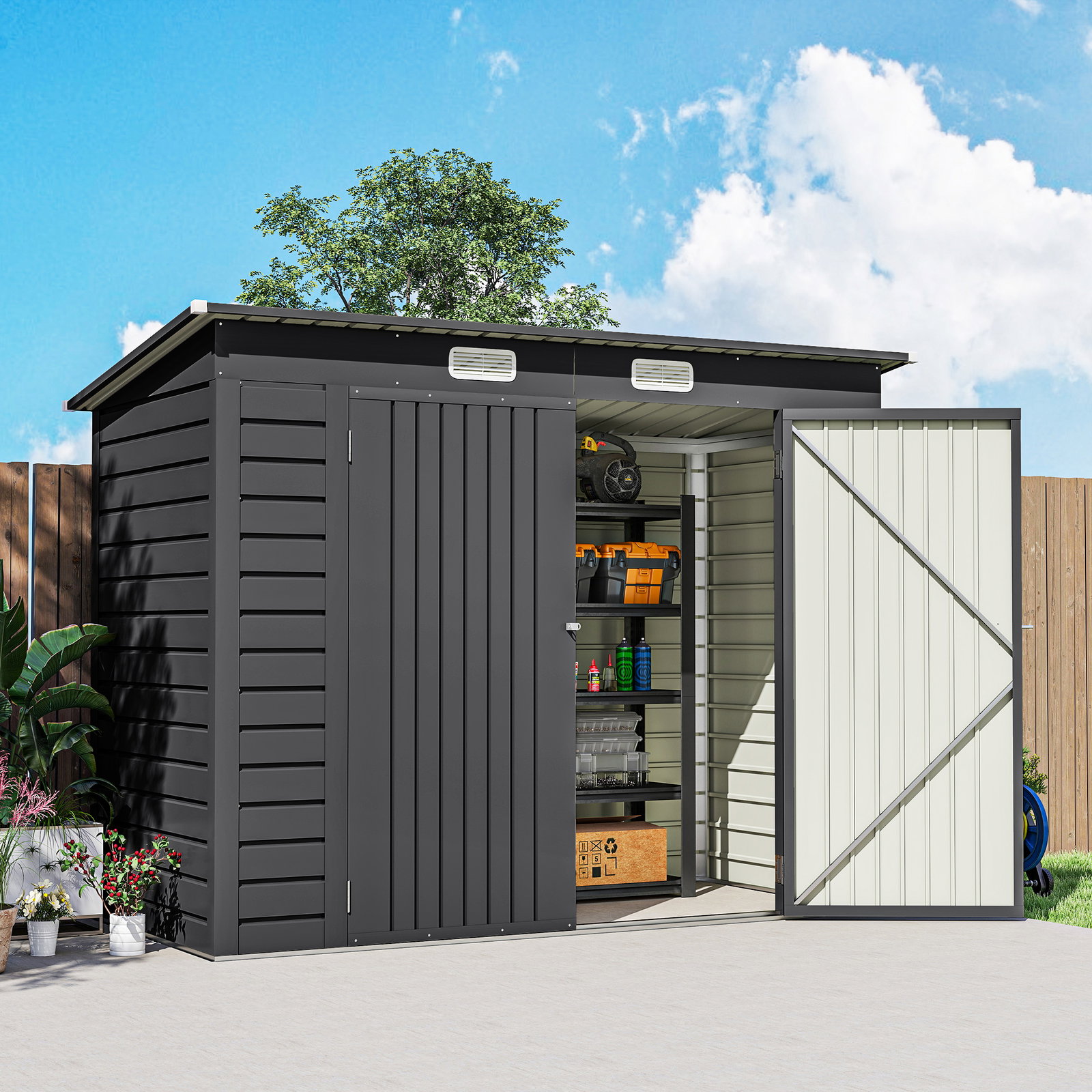 Abrigo de jardim 2,7m² 249x121x183 cm abrigo de exterior com porta dupla 2 ventilaç4oes e trava abrigo para pátio cinza