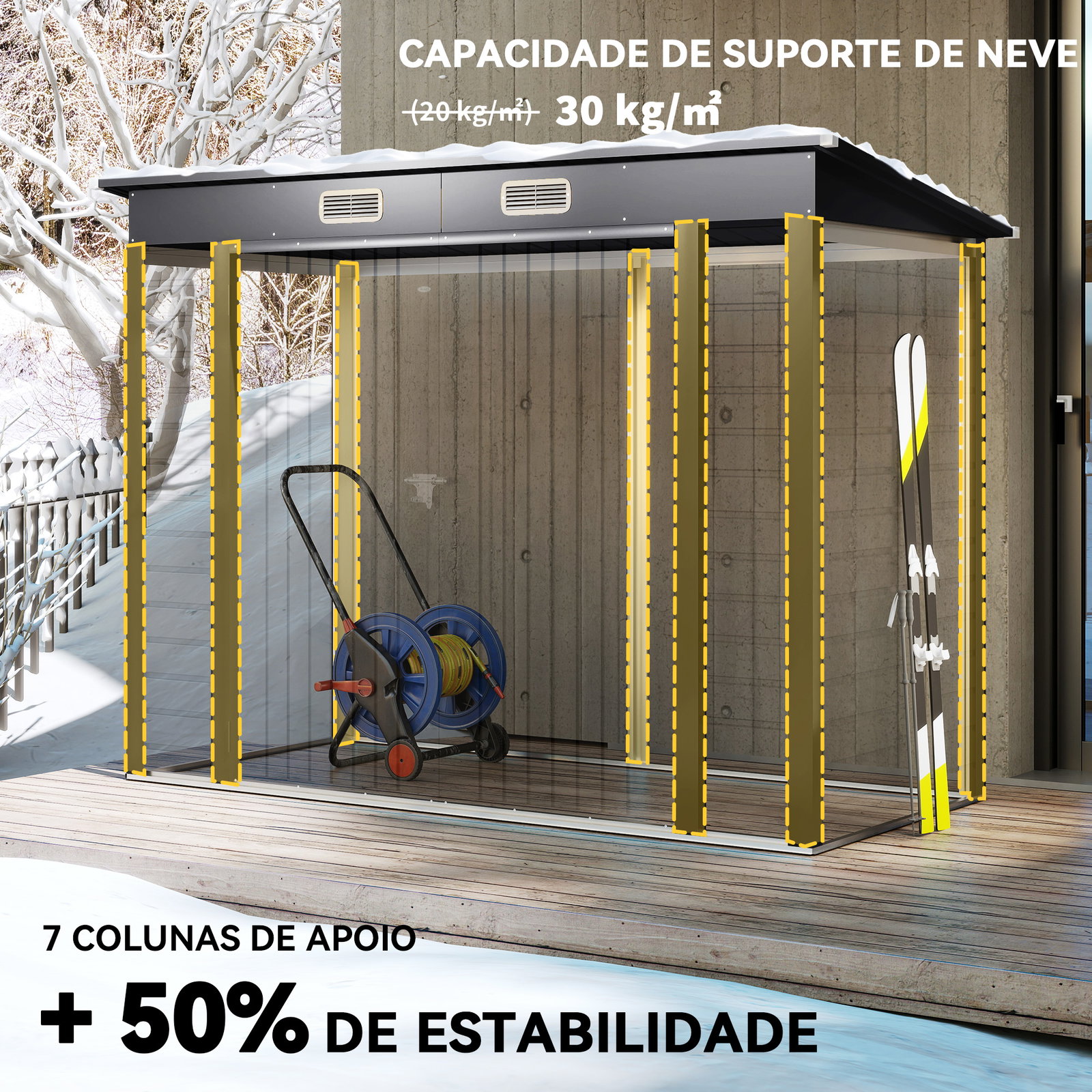 Abrigo de jardim 2,7m² 249x121x183 cm abrigo de exterior com porta dupla 2 ventilaç4oes e trava abrigo para pátio cinza