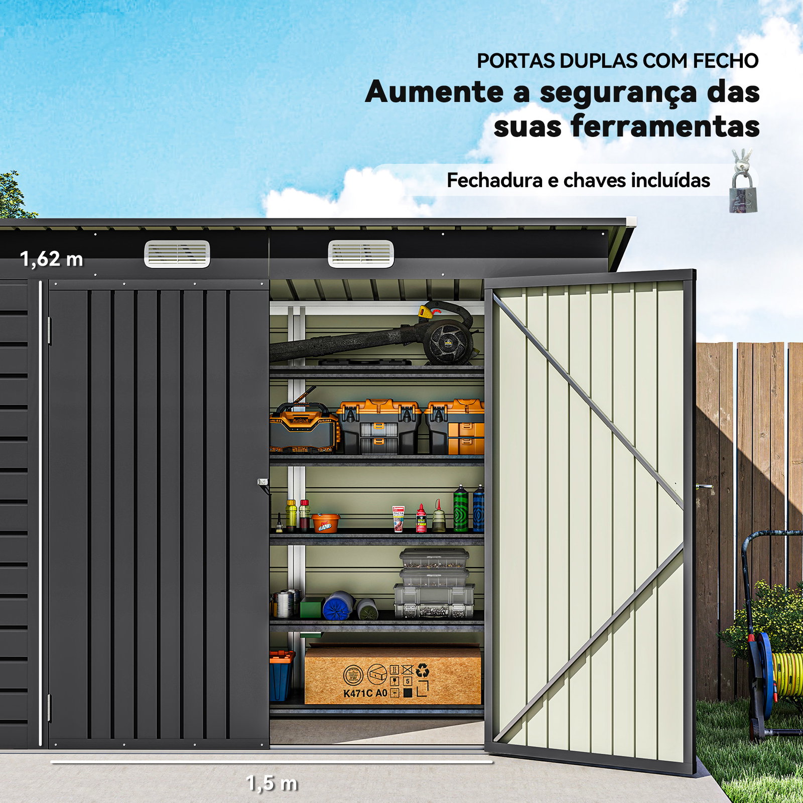 Abrigo de jardim 2,7m² 249x121x183 cm abrigo de exterior com porta dupla 2 ventilaç4oes e trava abrigo para pátio cinza