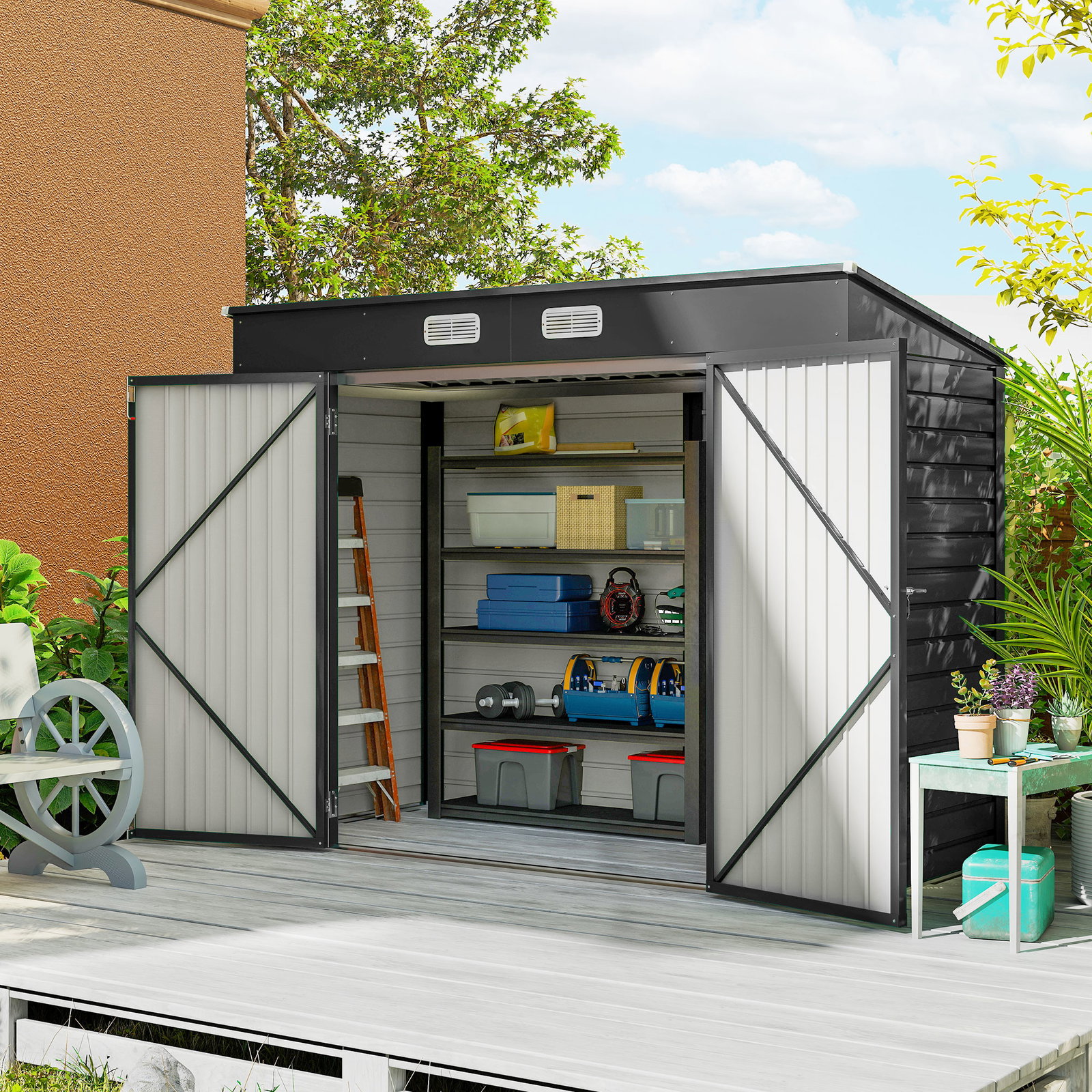 Abrigo de jardim 2,7m² 249x121x183 cm abrigo de exterior com porta dupla 2 ventilaç4oes e trava abrigo para pátio cinza
