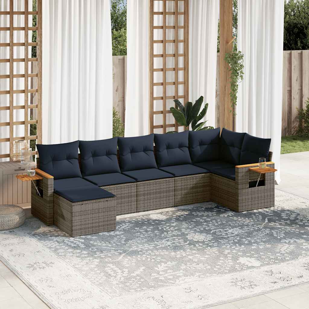 7 Pcs conjunto sofás p/ jardim c/ almofadões vime PE cinzento