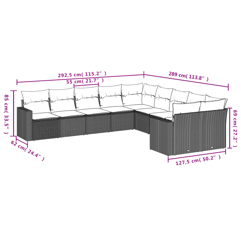 10 Pcs conjunto de sofás p/ jardim com almofadões vime PE bege