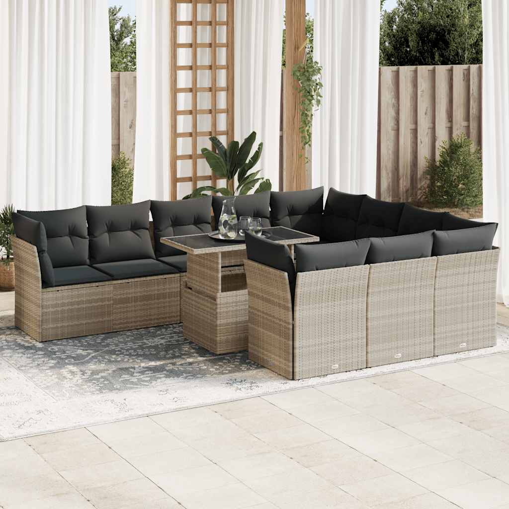 11 Pcs conjunto sofás de jardim c/ almofadões vime PE cinzento