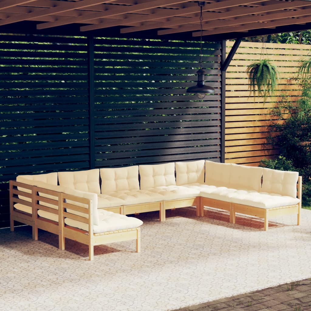 9 Pcs conjunto lounge jardim c/ almofadões creme pinho maciço