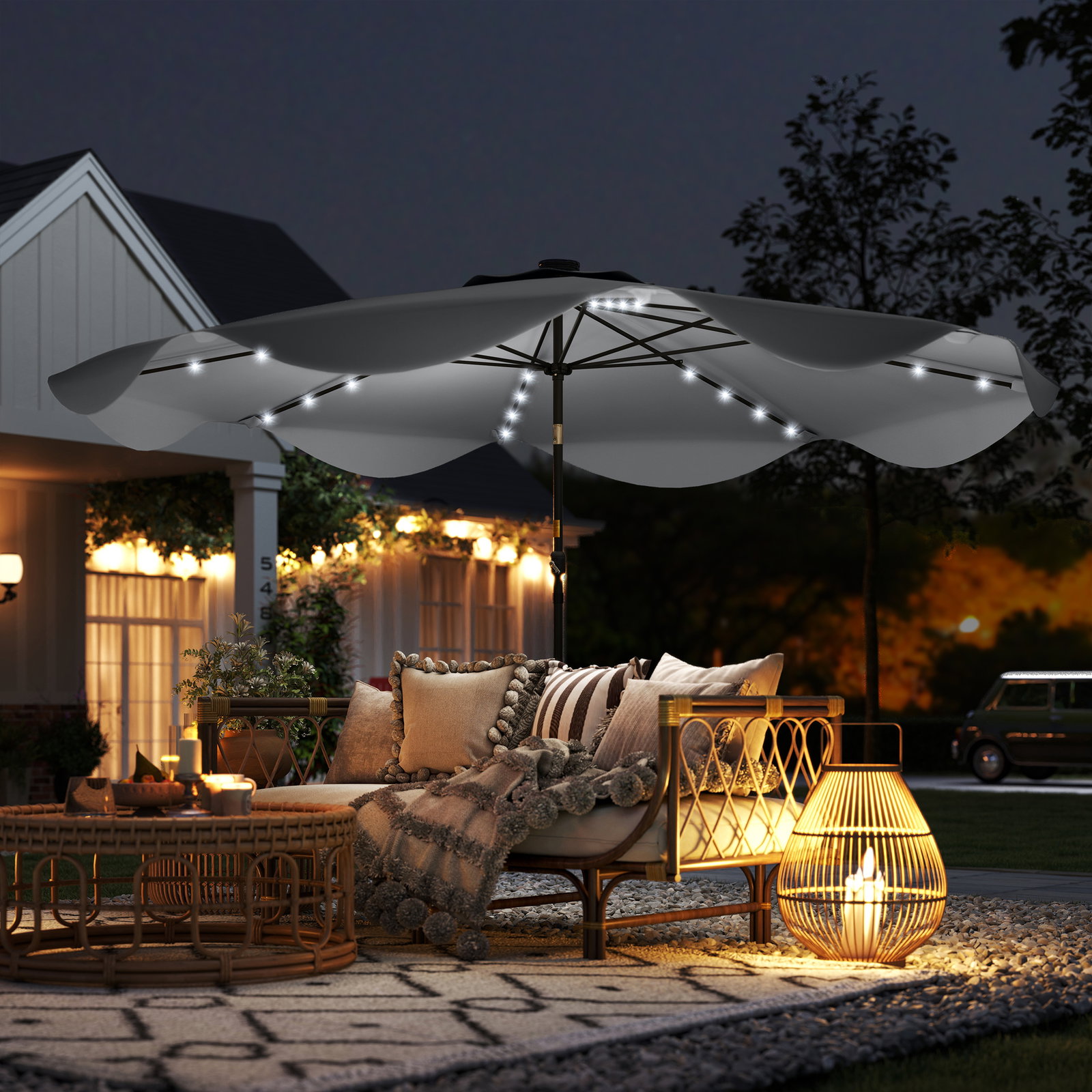 Guarda-sol de jardim manual ø292x254 cm com 32 luzes LED solares 8 varetas impermeável e respiros de ventilação cinzento