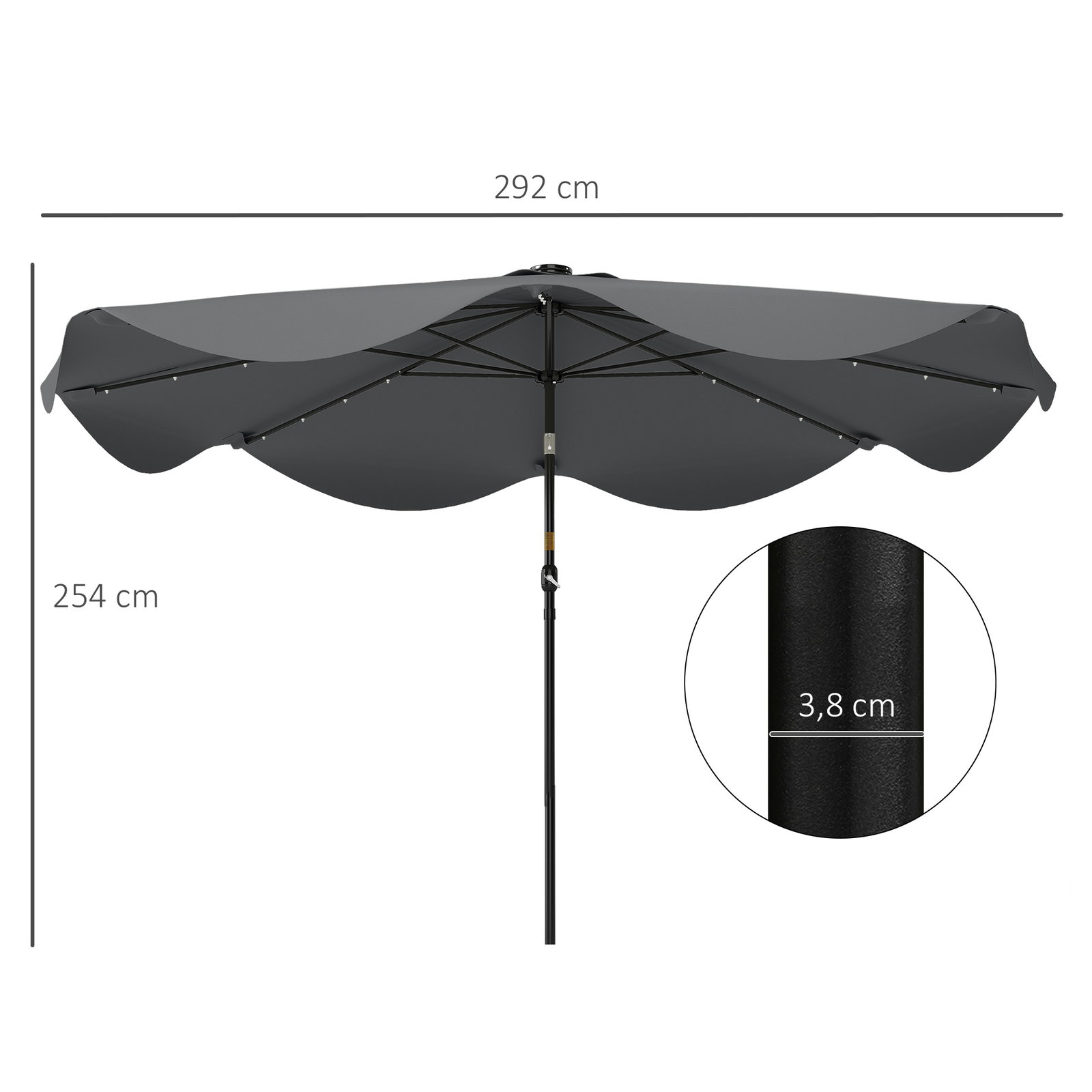 Guarda-sol de jardim manual ø292x254 cm com 32 luzes LED solares 8 varetas impermeável e respiros de ventilação cinzento