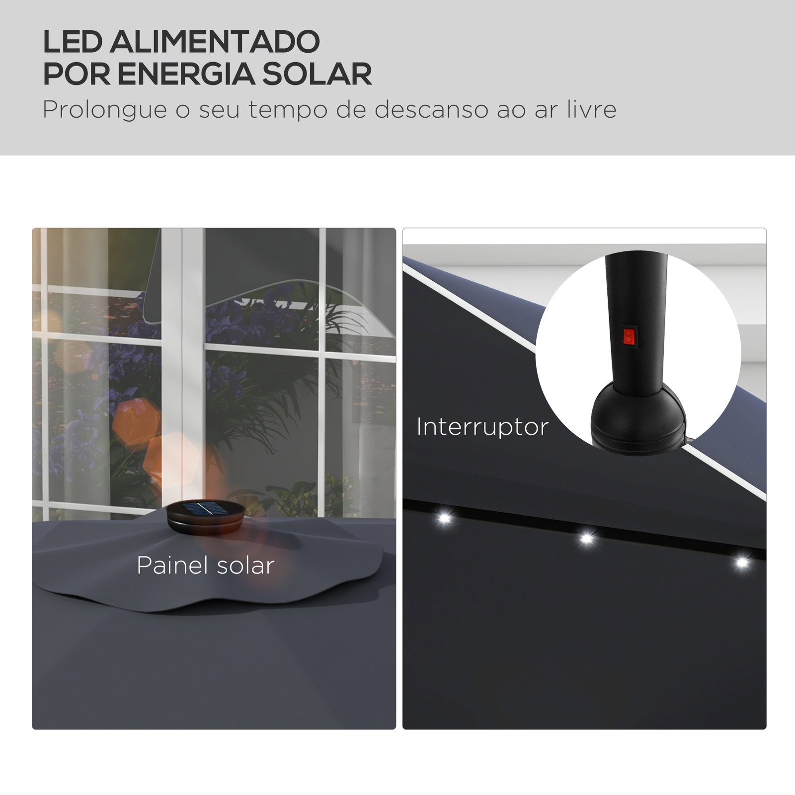 Guarda-sol de jardim manual ø292x254 cm com 32 luzes LED solares 8 varetas impermeável e respiros de ventilação cinzento