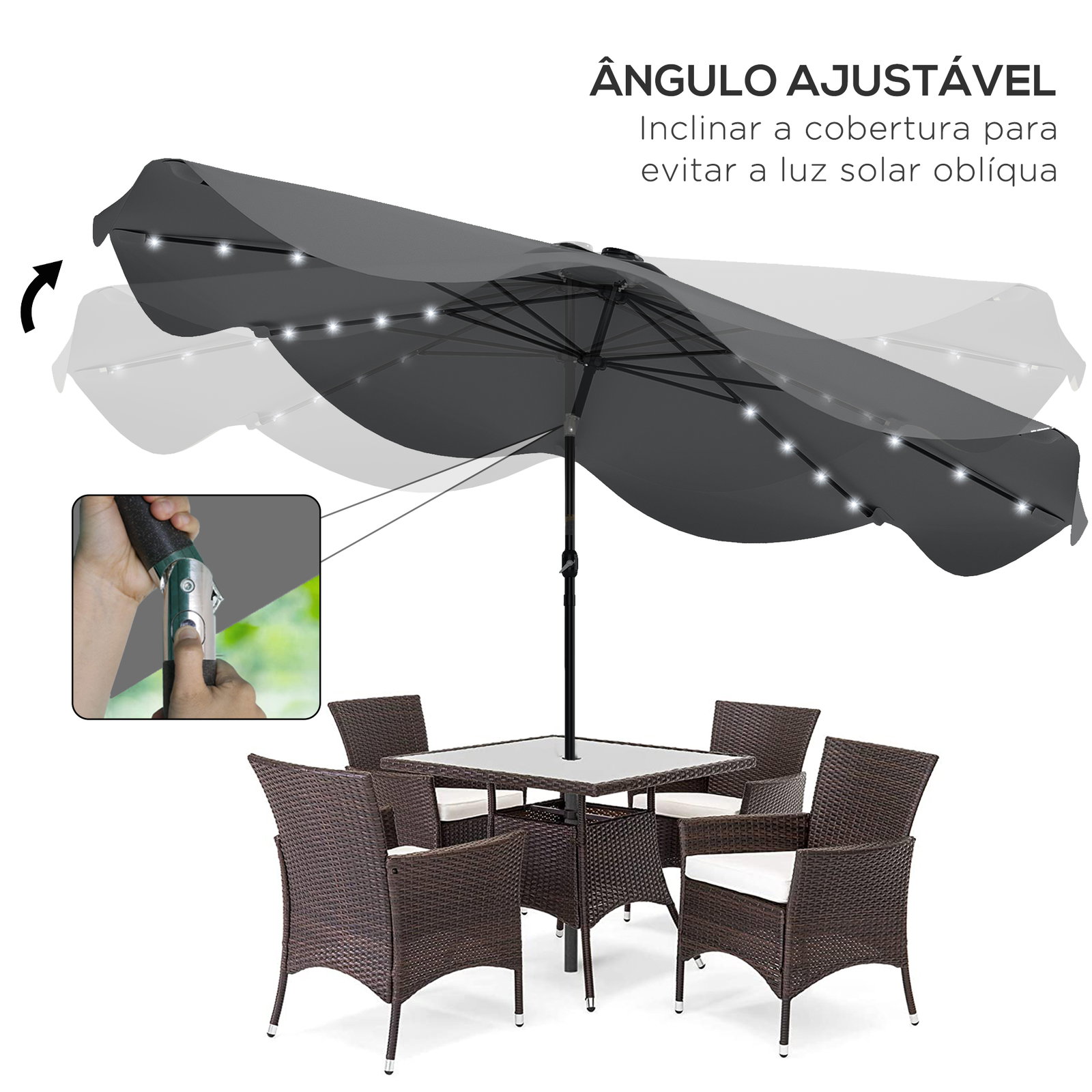 Guarda-sol de jardim manual ø292x254 cm com 32 luzes LED solares 8 varetas impermeável e respiros de ventilação cinzento