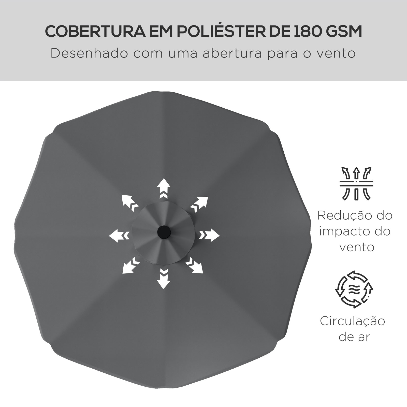 Guarda-sol de jardim manual ø292x254 cm com 32 luzes LED solares 8 varetas impermeável e respiros de ventilação cinzento