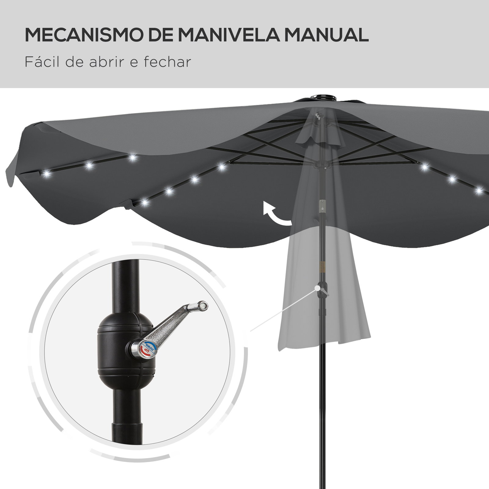 Guarda-sol de jardim manual ø292x254 cm com 32 luzes LED solares 8 varetas impermeável e respiros de ventilação cinzento
