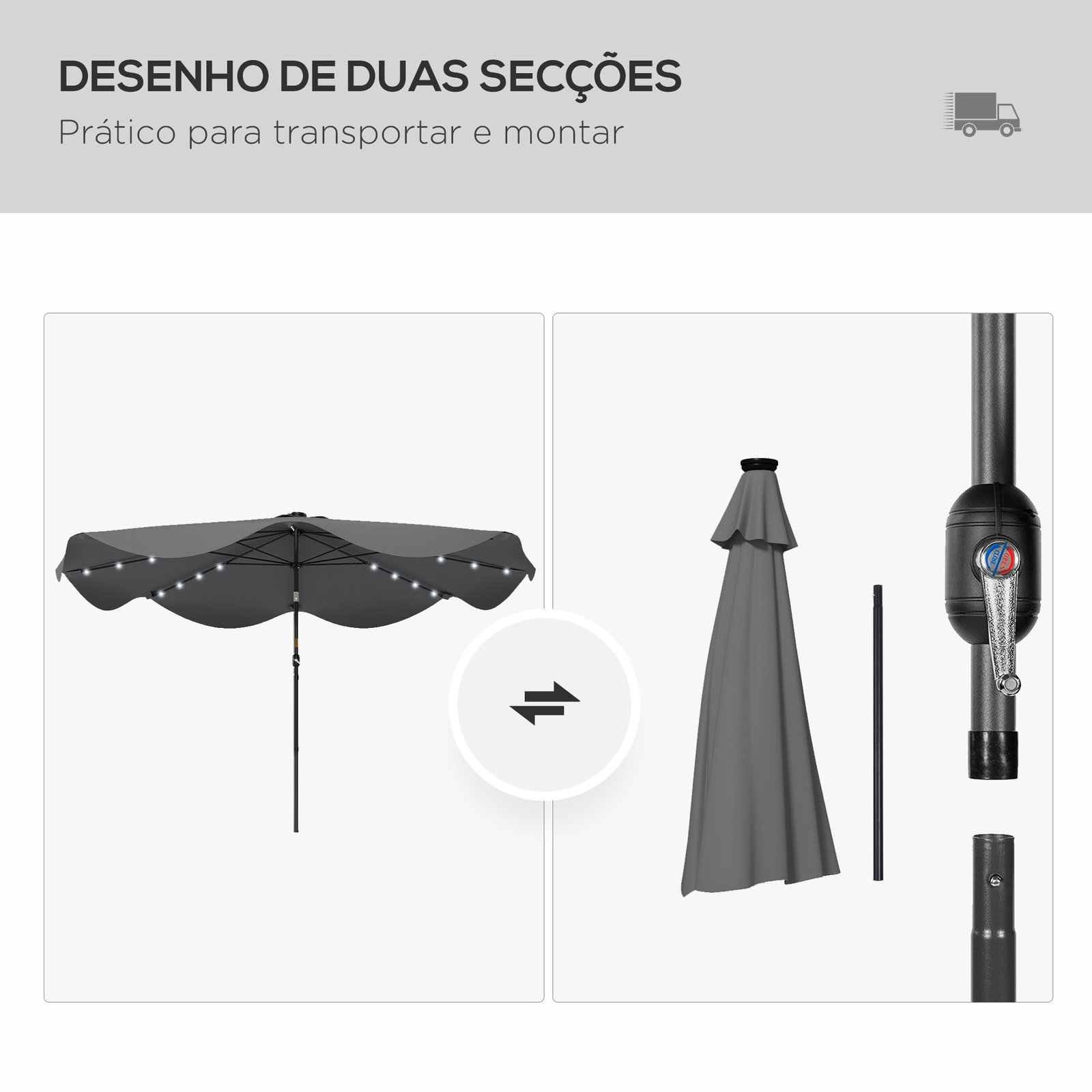 Guarda-sol de jardim manual ø292x254 cm com 32 luzes LED solares 8 varetas impermeável e respiros de ventilação cinzento