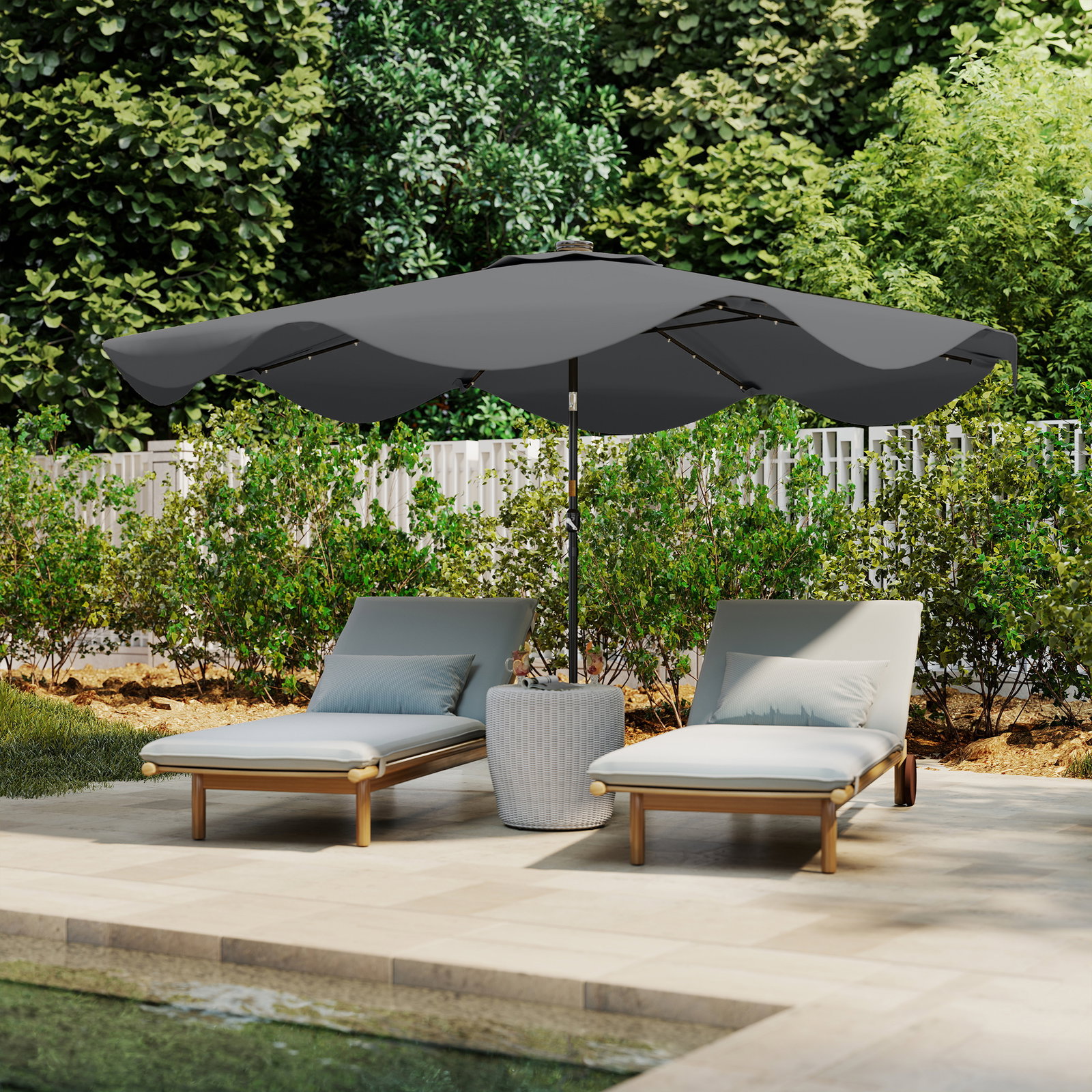 Guarda-sol de jardim manual ø292x254 cm com 32 luzes LED solares 8 varetas impermeável e respiros de ventilação cinzento