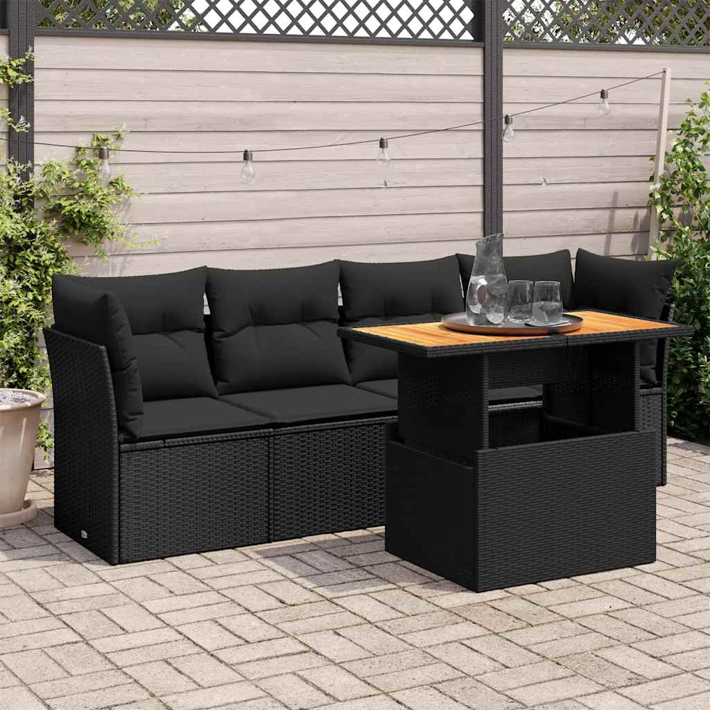 5 Pcs conjunto sofás de jardim com almofadões vime PE preto