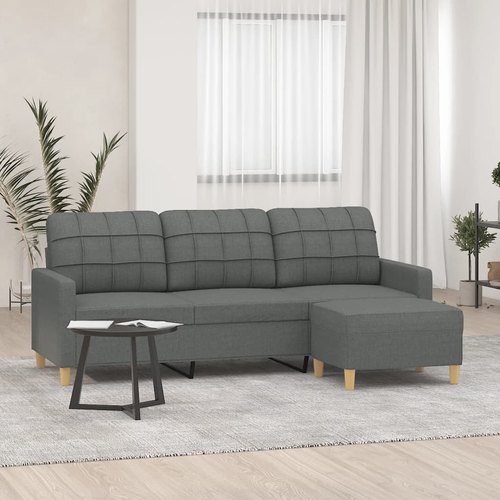 Sofá de 3 lugares com apoio de pés 180 cm tecido cinza-escuro