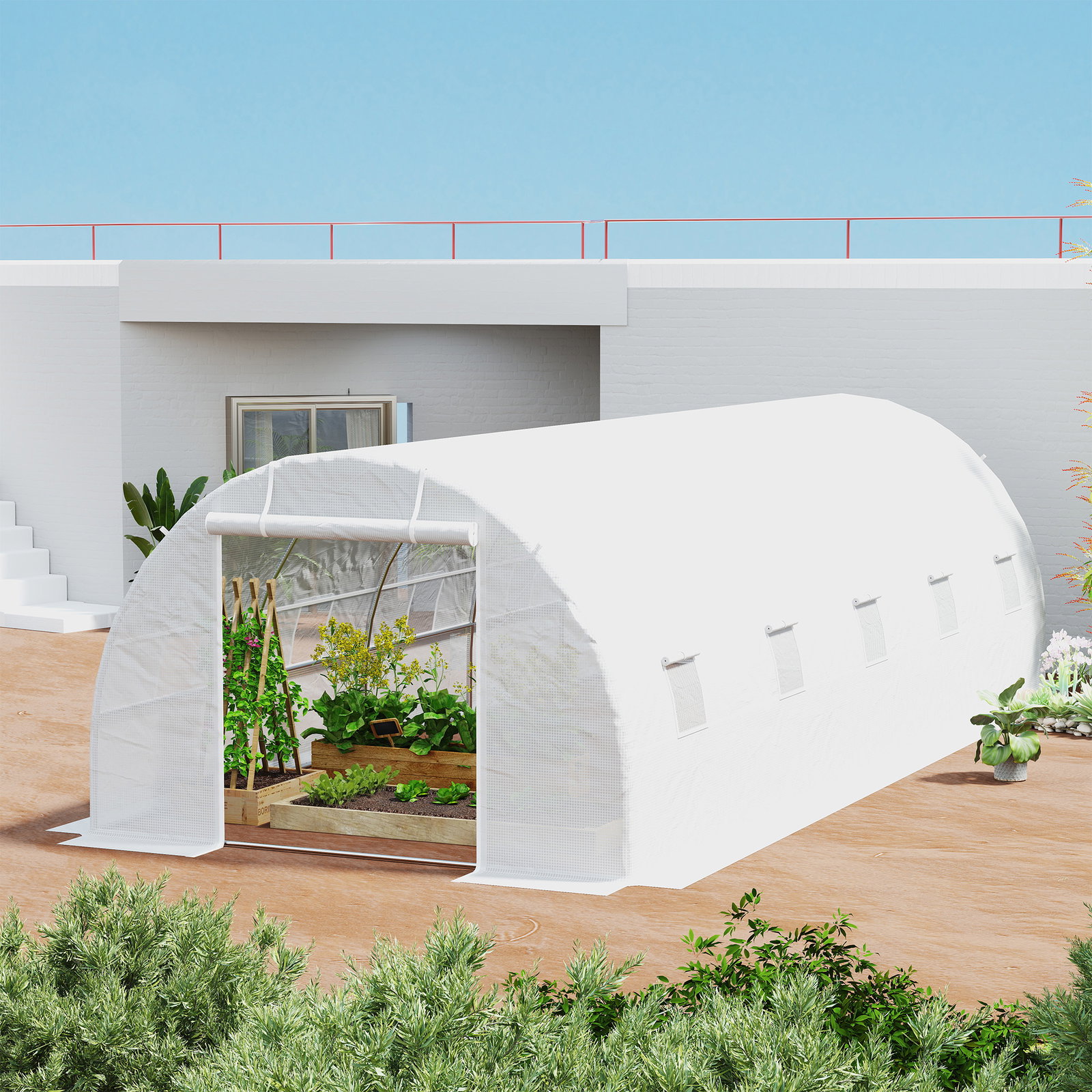 Estufa tipo túnel 800x300x200cm com 12 janelas e porta enrolável cobertura de PE 140g/m² e aço para cultivo de plantas verduras branco
