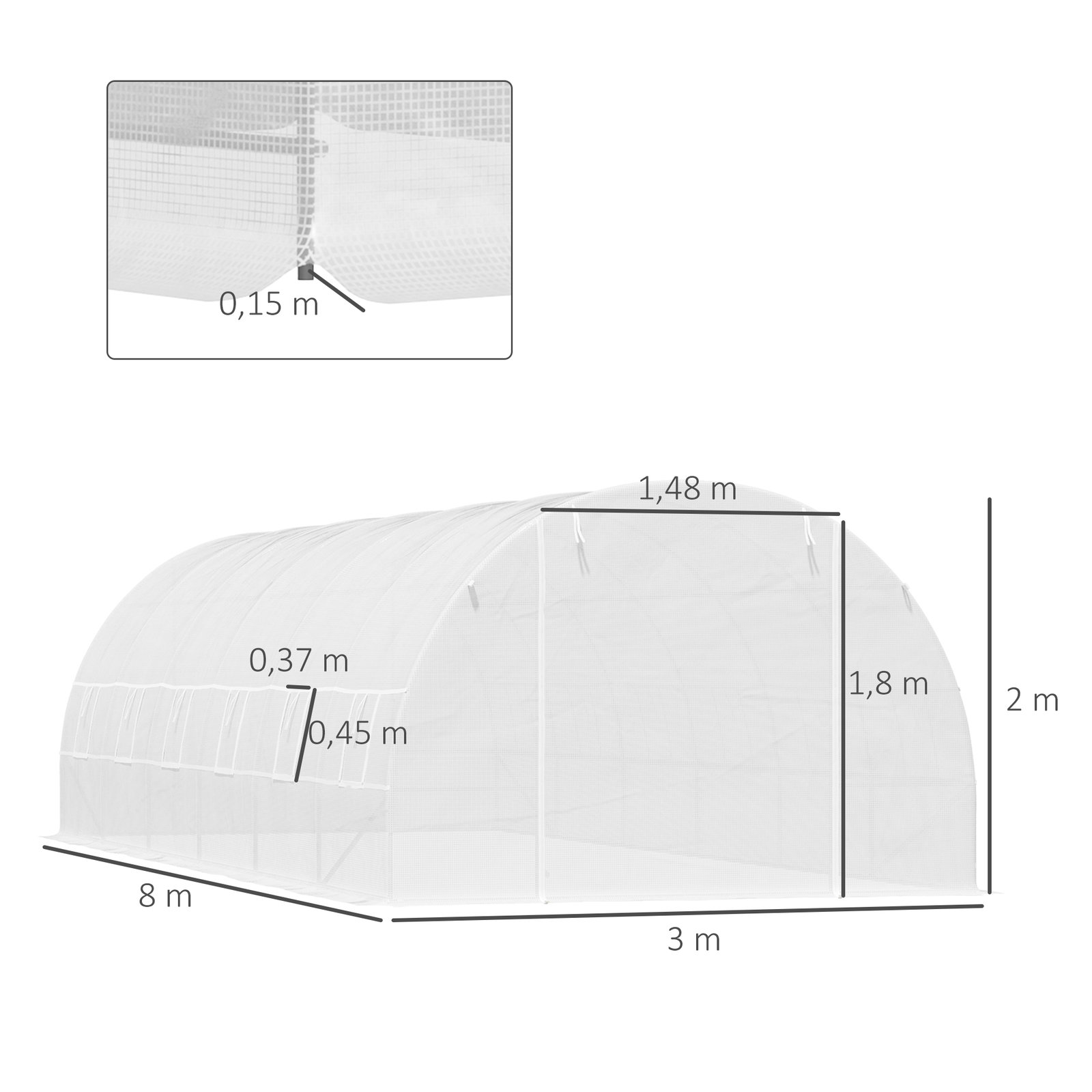 Estufa tipo túnel 800x300x200cm com 12 janelas e porta enrolável cobertura de PE 140g/m² e aço para cultivo de plantas verduras branco