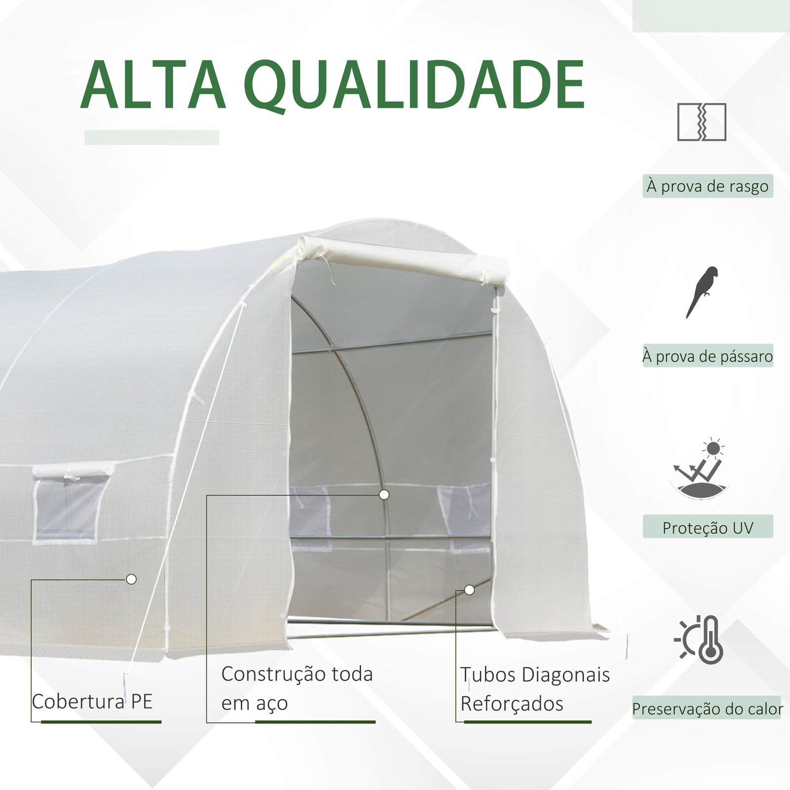 Estufa tipo túnel 800x300x200cm com 12 janelas e porta enrolável cobertura de PE 140g/m² e aço para cultivo de plantas verduras branco