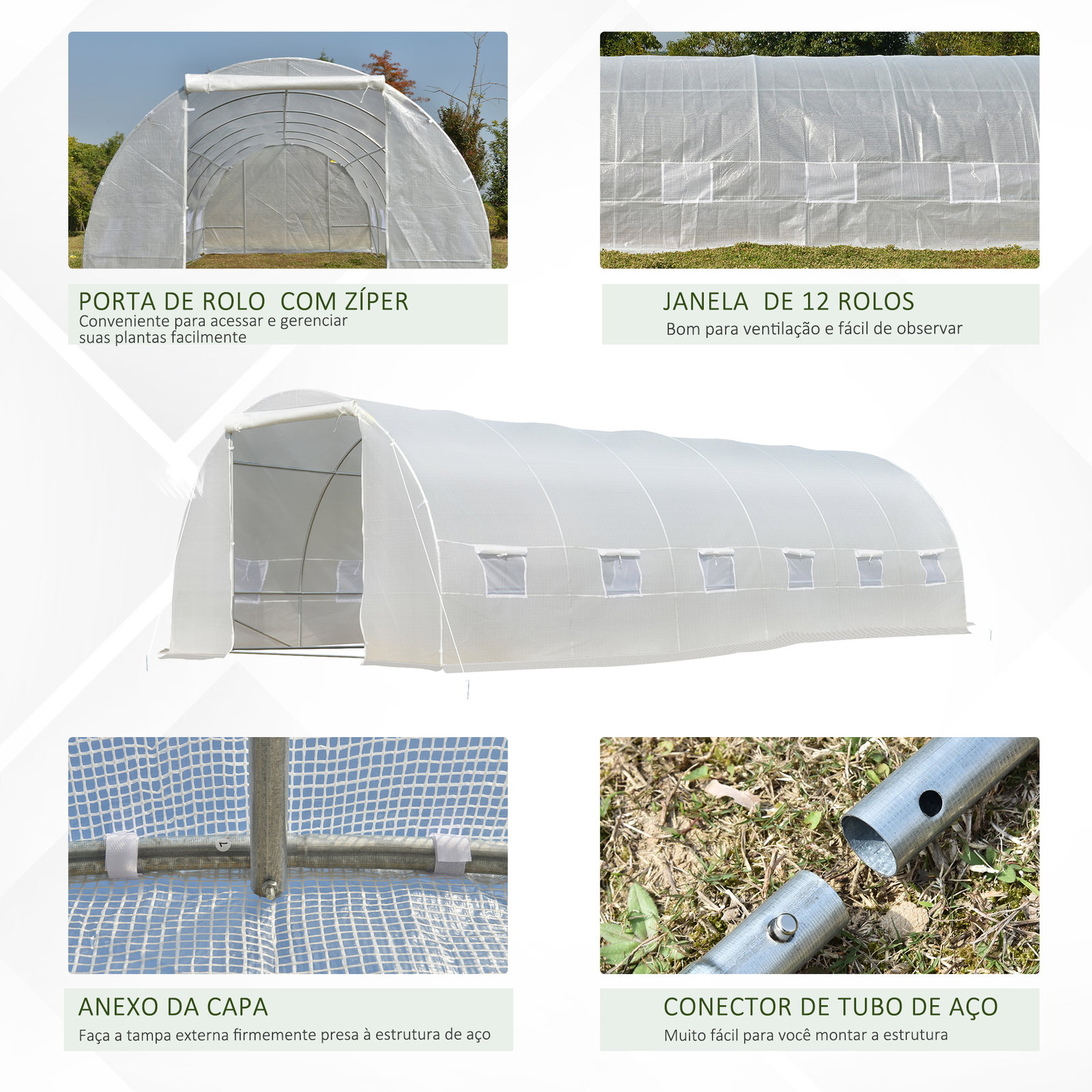 Estufa tipo túnel 800x300x200cm com 12 janelas e porta enrolável cobertura de PE 140g/m² e aço para cultivo de plantas verduras branco
