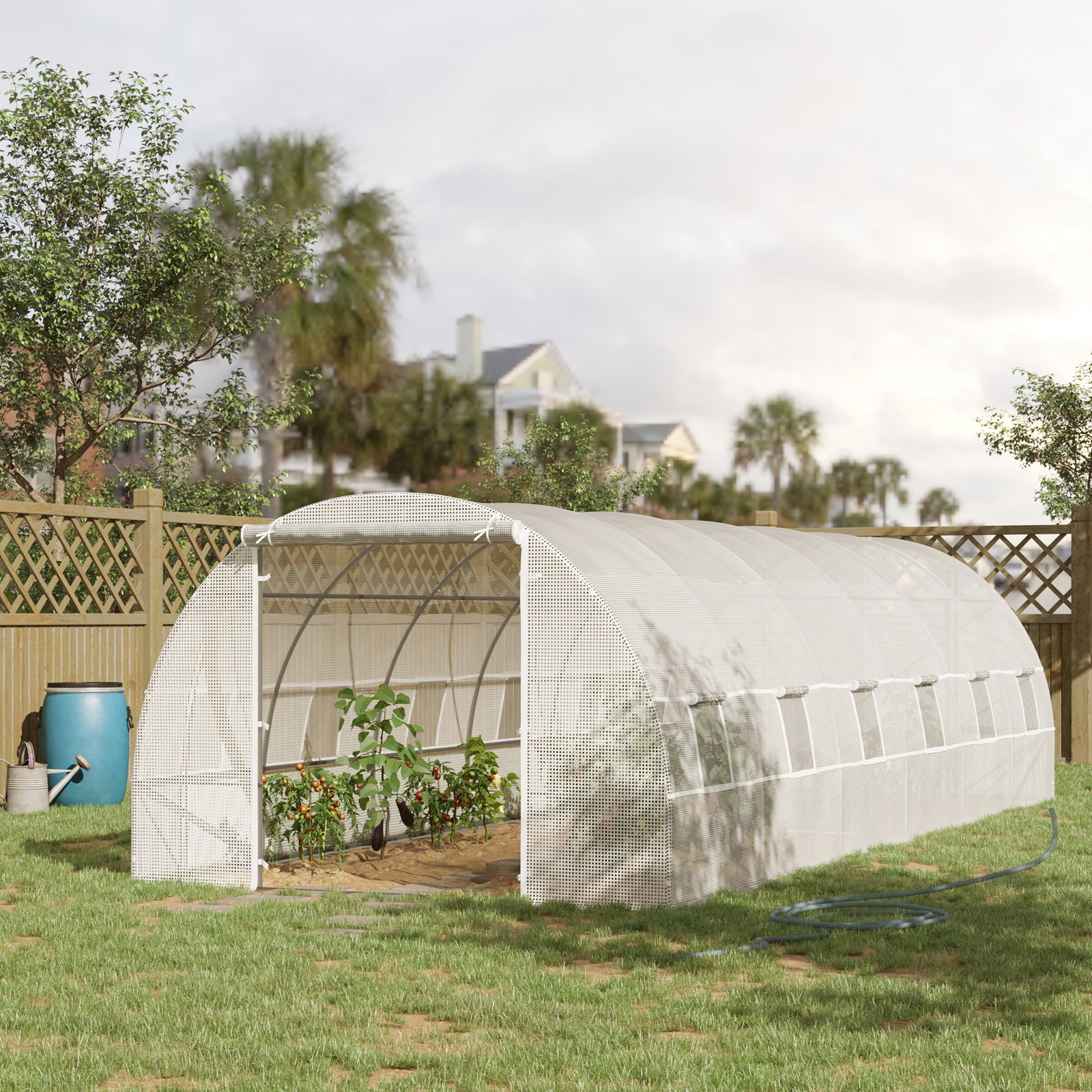 Estufa tipo túnel 800x300x200cm com 12 janelas e porta enrolável cobertura de PE 140g/m² e aço para cultivo de plantas verduras branco