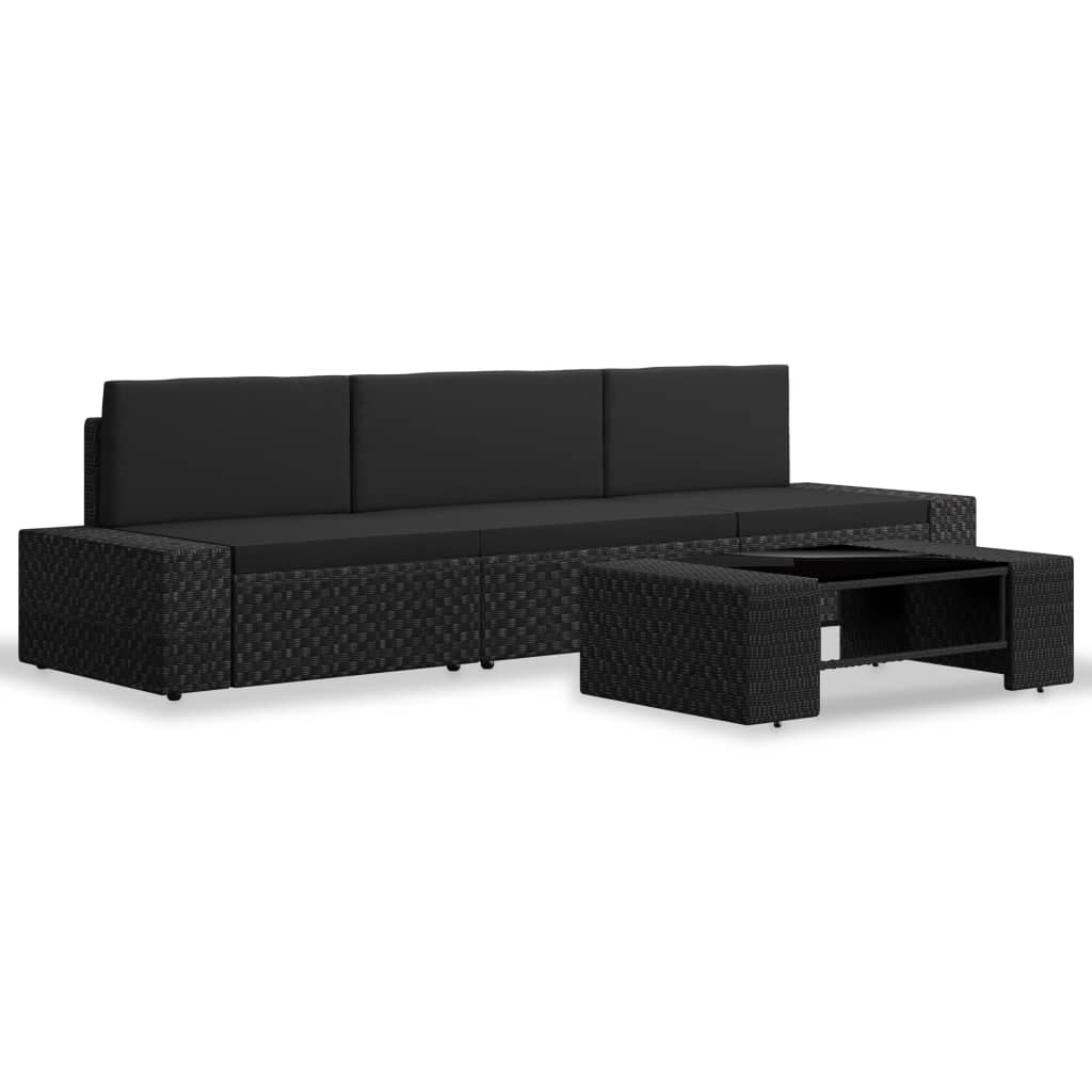 4 Pcs conjunto lounge para jardim vime PE preto