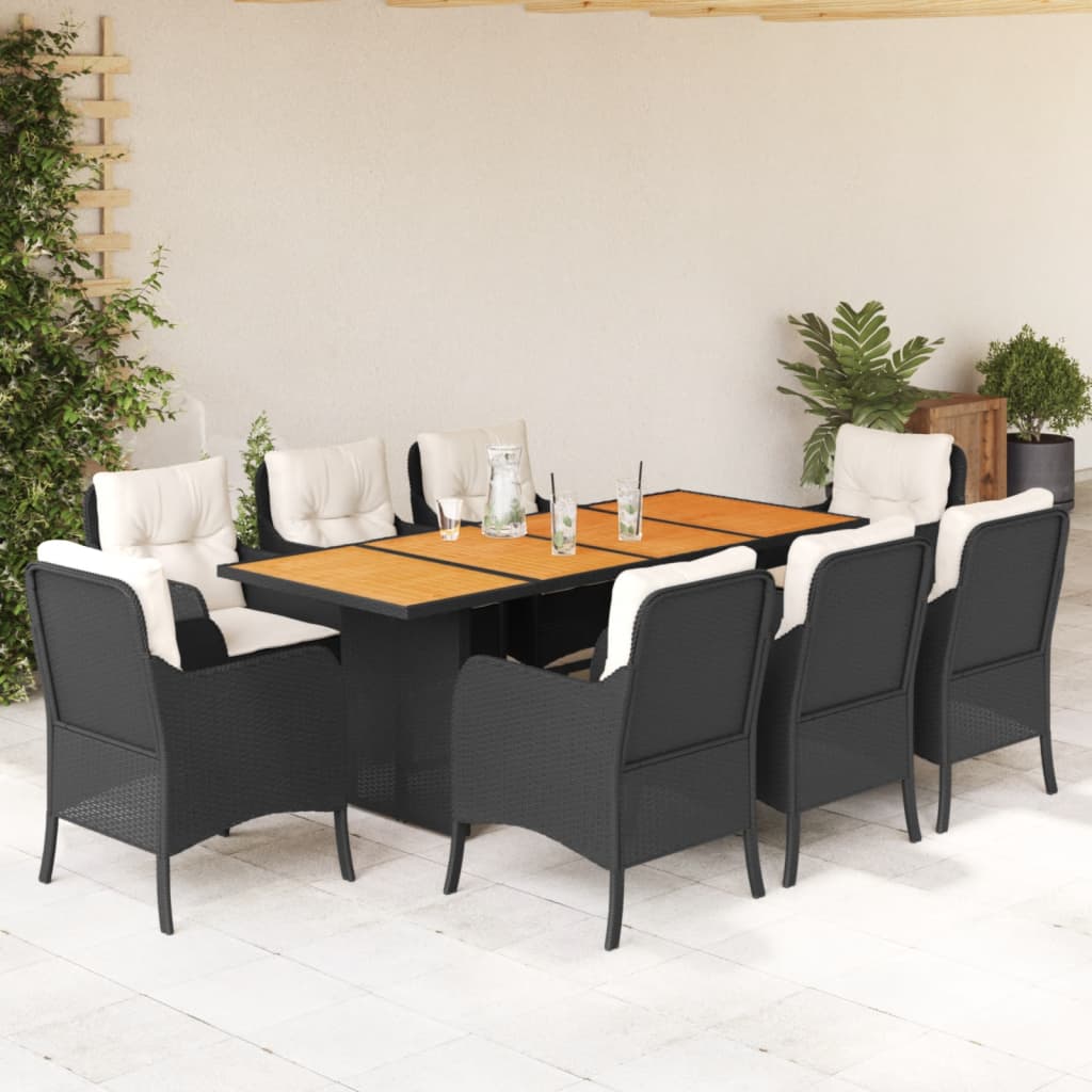 9 Pcs conjunto de jantar p/ jardim c/ almofadões vime PE preto