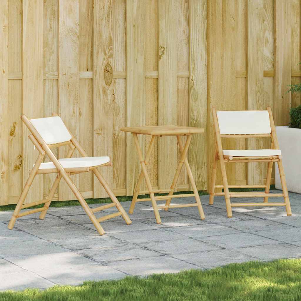 3 Pcs conjunto bistrô dobrável c/ almofadões branco nata bambu
